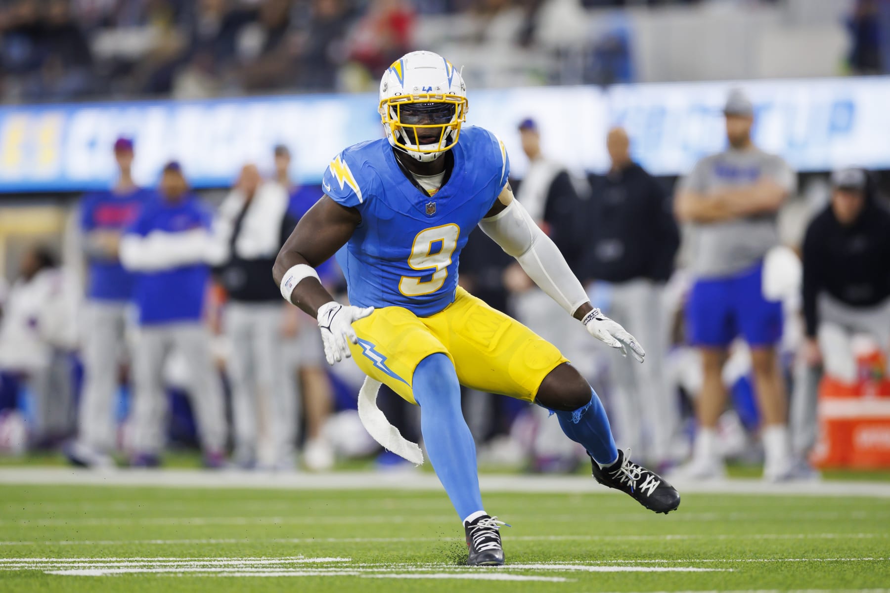 INGLEWOOD, CA - DECEMBER 23: Kenneth Murray Jr. #9 of the Los Angeles Chargers defends in coverage during an NFL football game against the Buffalo Bills at SoFi Stadium on December 23, 2023 in Inglewood, California. (Photo by Ryan Kang/Getty Images)