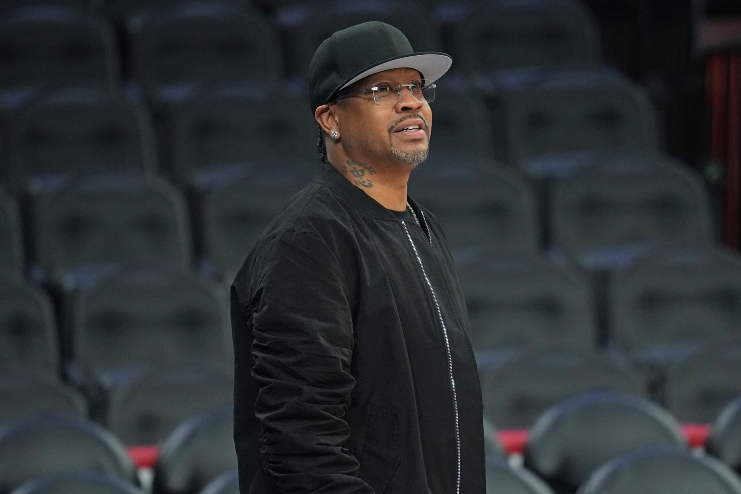 PHILADELPHIA, PA - MARCH 18: Allen Iverson attends the game between the Miami Heat  and the Philadelphia 76ers on March 18, 2024 at the Wells Fargo Center in Philadelphia, Pennsylvania NOTE TO USER: User expressly acknowledges and agrees that, by downloading and/or using this Photograph, user is consenting to the terms and conditions of the Getty Images License Agreement. Mandatory Copyright Notice: Copyright 2024 NBAE (Photo by Jesse D. Garrabrant/NBAE via Getty Images)