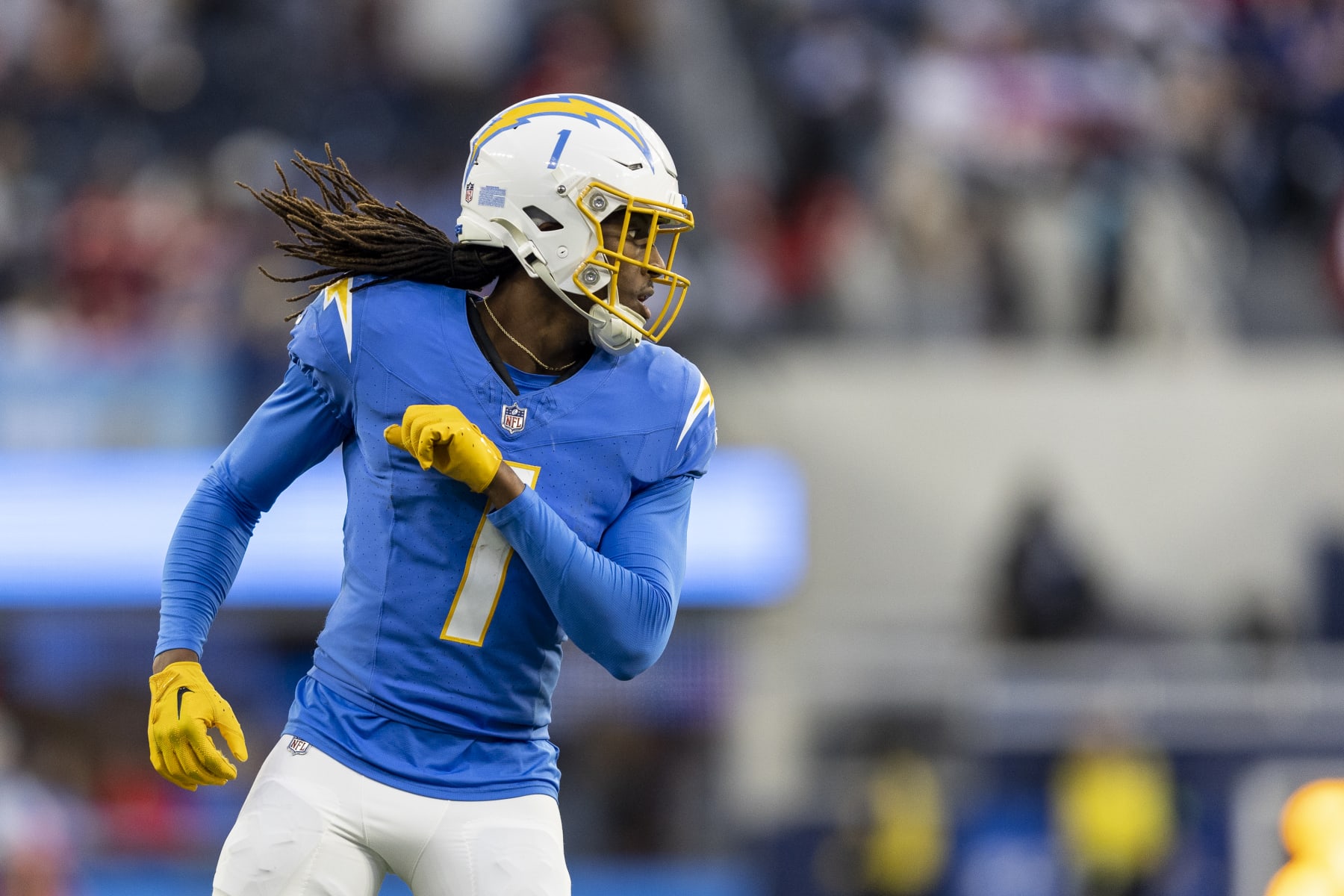 INGLEWOOD, CALIFORNIA - JANUARY 07: Quentin Johnston #1 of the Los Angeles Chargers lines up during an NFL football game between the Los Angeles Chargers and the Kansas City Chiefs at SoFi Stadium on January 07, 2024 in Inglewood, California. (Photo by Michael Owens/Getty Images)