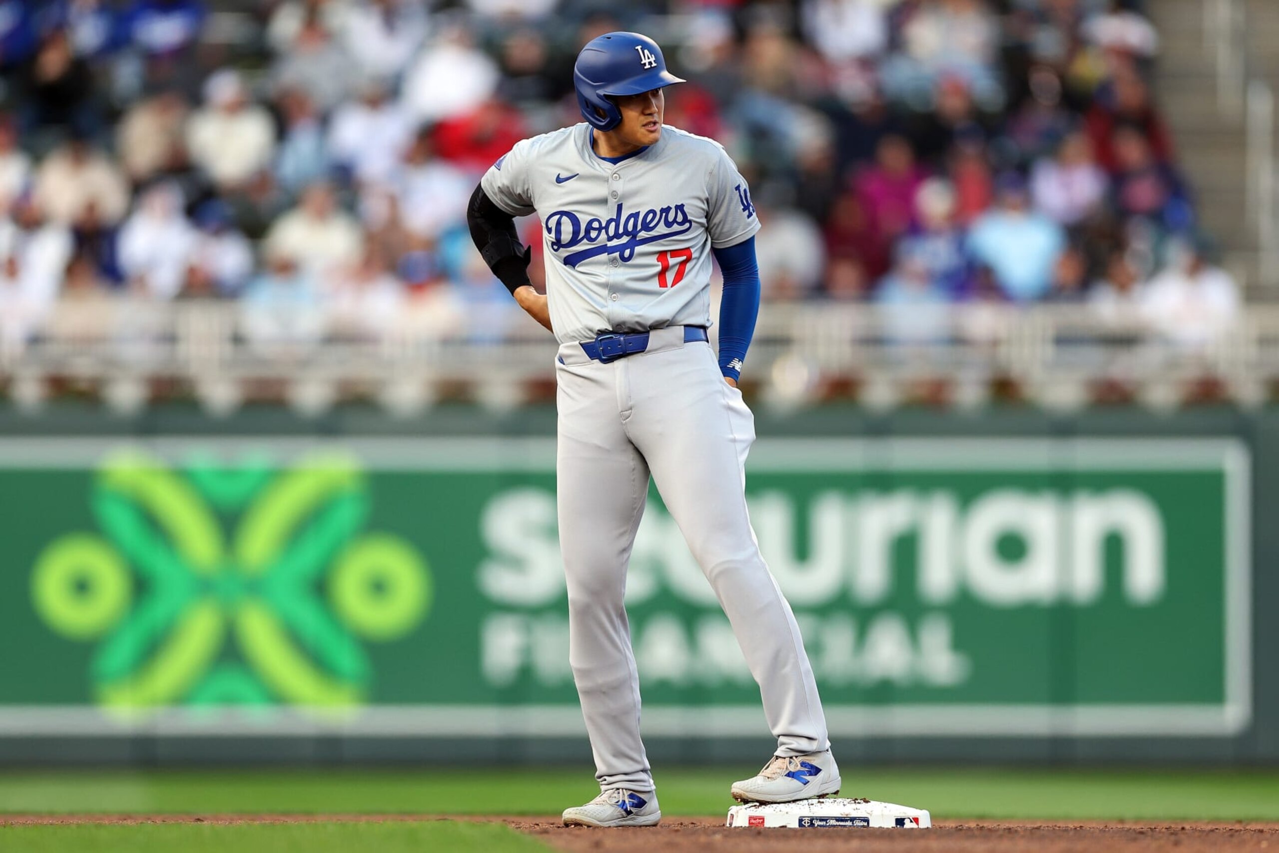 MINNEAPOLIS, MINNESOTA - APRIL 09: Shohei Ohtani #17 of the Los Angeles Dodgers looks on after hitting a double against the Los Angeles Dodgers in the third inning at Target Field on April 09, 2024 in Minneapolis, Minnesota. (Photo by David Berding/Getty Images)