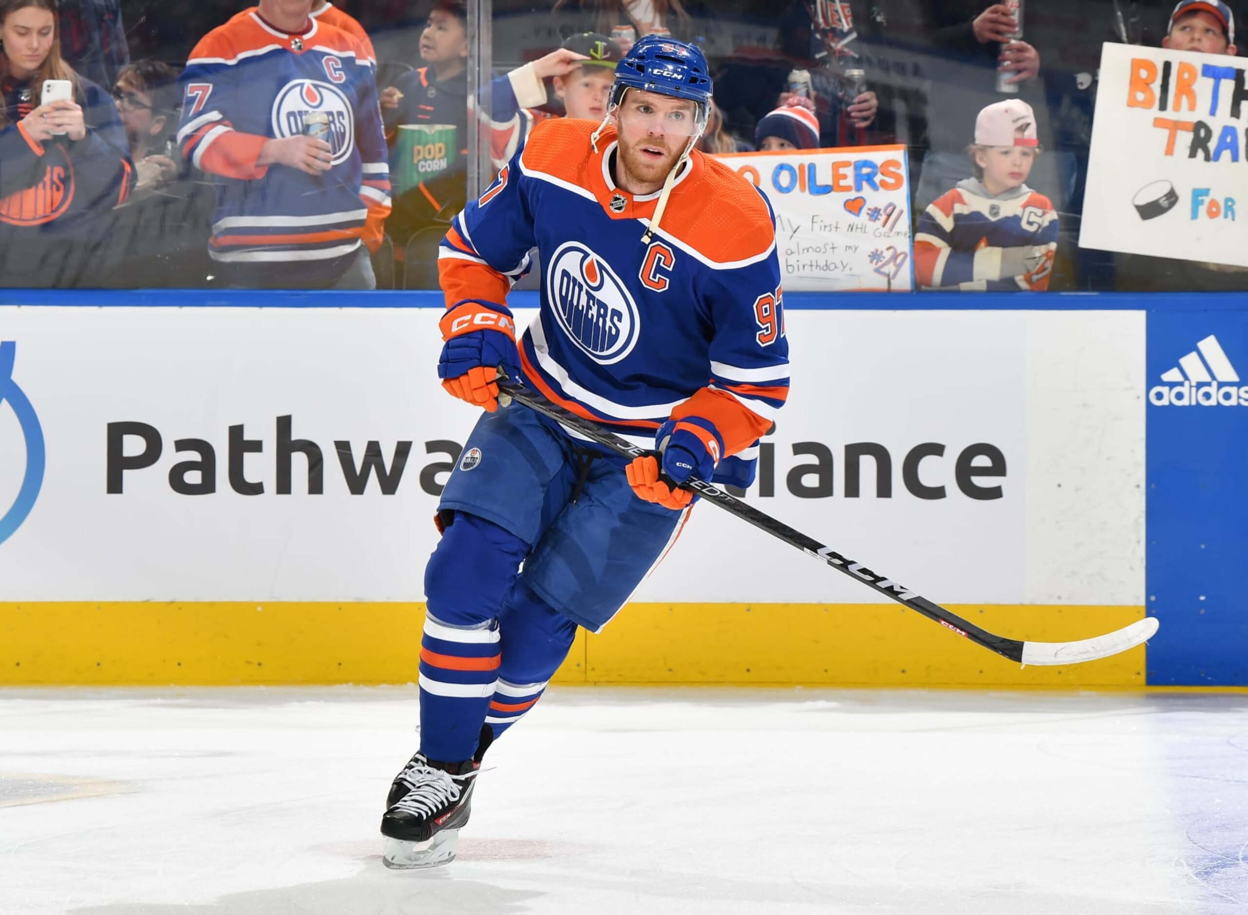EDMONTON, CANADA - APRIL 5: Connor McDavid #97 of the Edmonton Oilers warms up before the game against the Colorado Avalanche at Rogers Place on April 5, 2024, in Edmonton, Alberta, Canada. (Photo by Andy Devlin/NHLI via Getty Images)