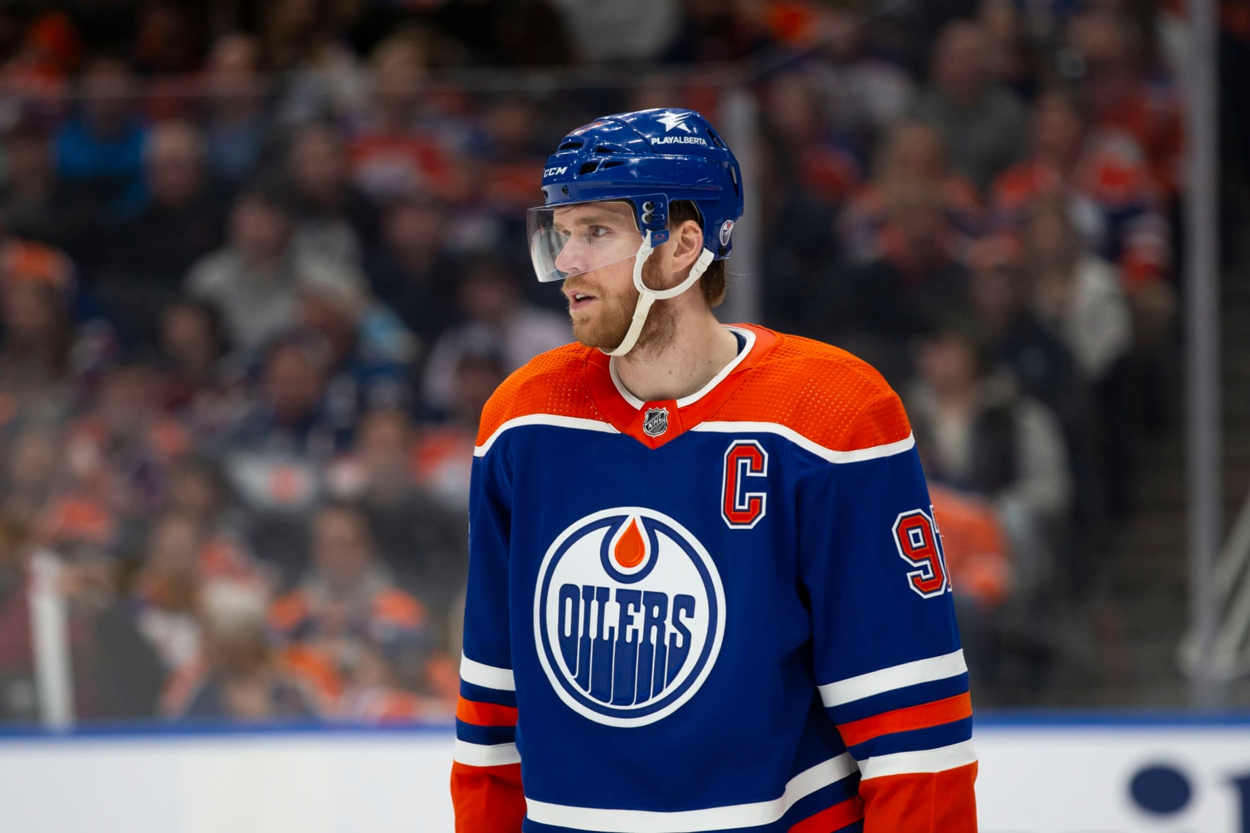 EDMONTON, CANADA - APRIL 5: Connor McDavid #97 of the Edmonton Oilers skates against the Colorado Avalanche during the third period at Rogers Place on April 5, 2024 in Edmonton, Canada. (Photo by Codie McLachlan/Getty Images)
