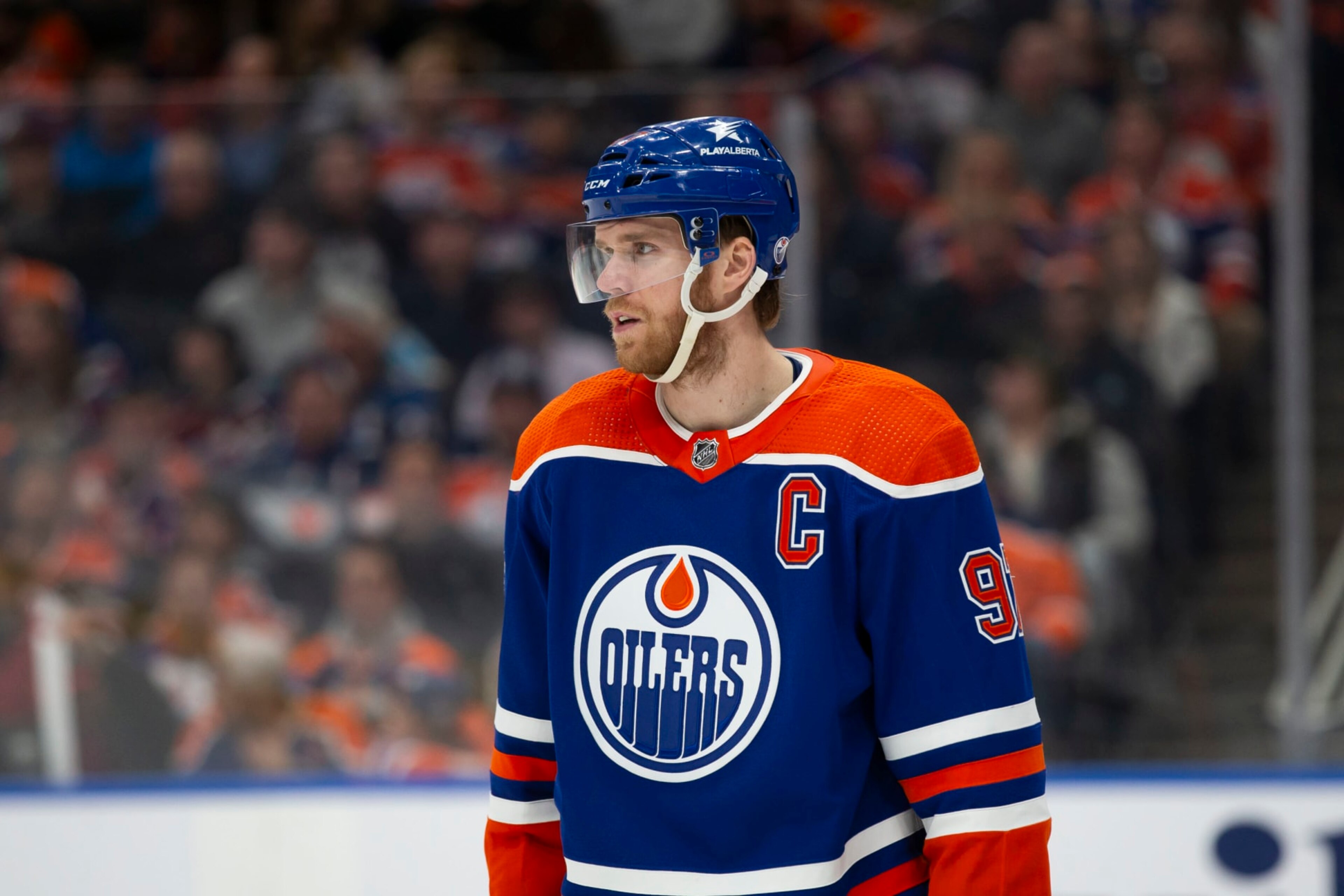 EDMONTON, CANADA - APRIL 5: Connor McDavid #97 of the Edmonton Oilers skates against the Colorado Avalanche during the third period at Rogers Place on April 5, 2024 in Edmonton, Canada. (Photo by Codie McLachlan/Getty Images)