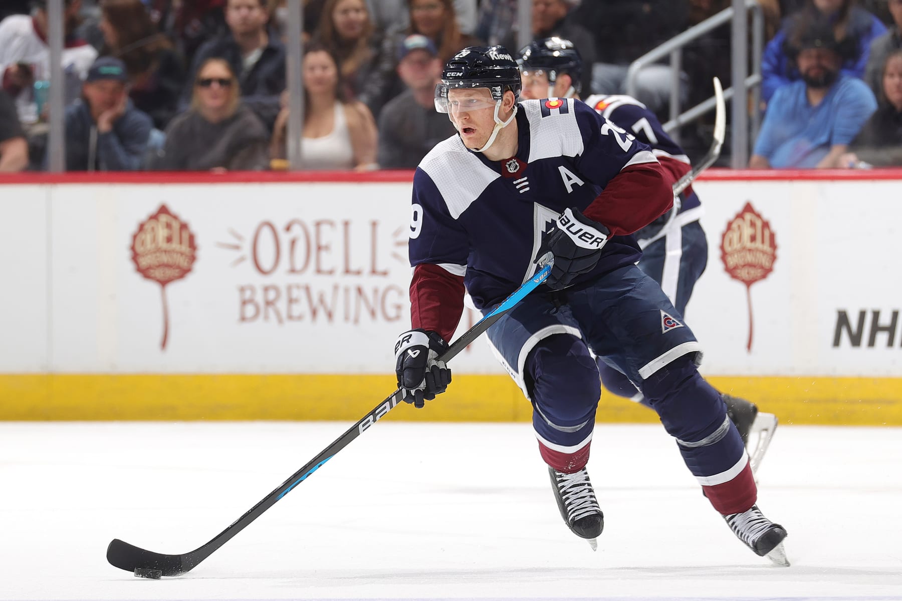 DENVER, COLORADO - APRIL 09: Nathan MacKinnon #29 of the Colorado Avalanche skates against the Minnesota Wild at Ball Arena on April 9, 2024 in Denver, Colorado. (Photo by Michael Martin/NHLI via Getty Images)