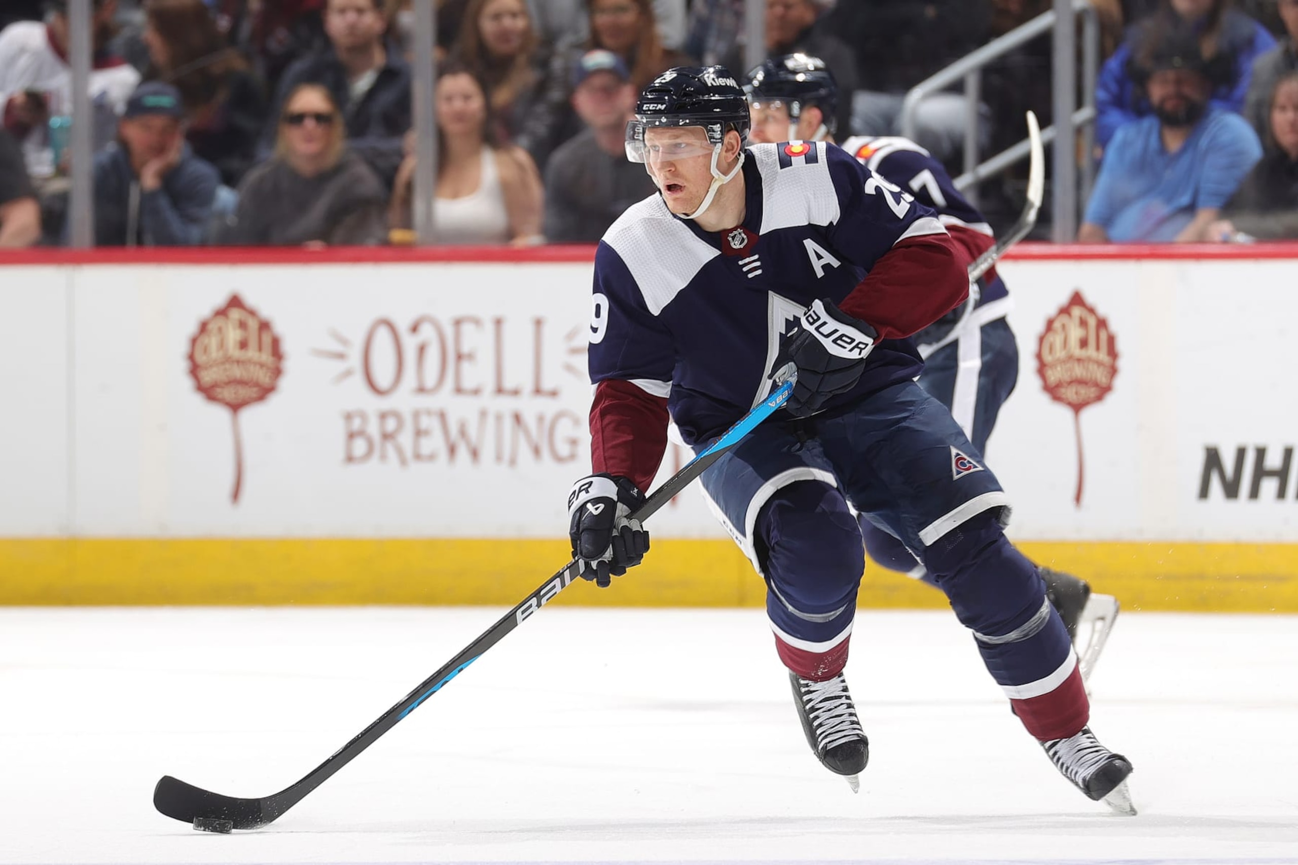 DENVER, COLORADO - APRIL 09: Nathan MacKinnon #29 of the Colorado Avalanche skates against the Minnesota Wild at Ball Arena on April 9, 2024 in Denver, Colorado. (Photo by Michael Martin/NHLI via Getty Images)