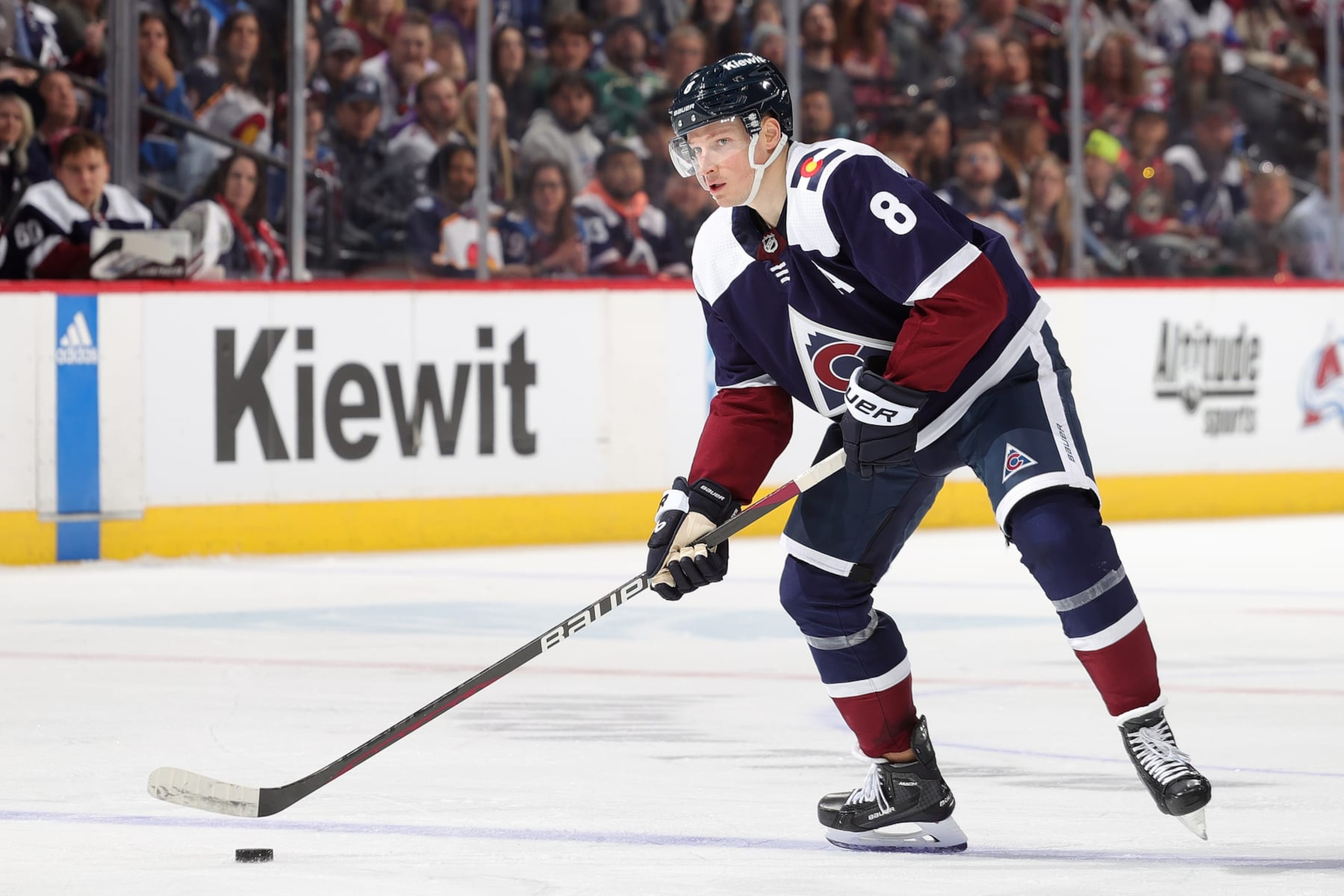 DENVER, COLORADO - APRIL 09: Cale Makar #8 of the Colorado Avalanche skates against the Minnesota Wild at Ball Arena on April 9, 2024 in Denver, Colorado. (Photo by Michael Martin/NHLI via Getty Images)
