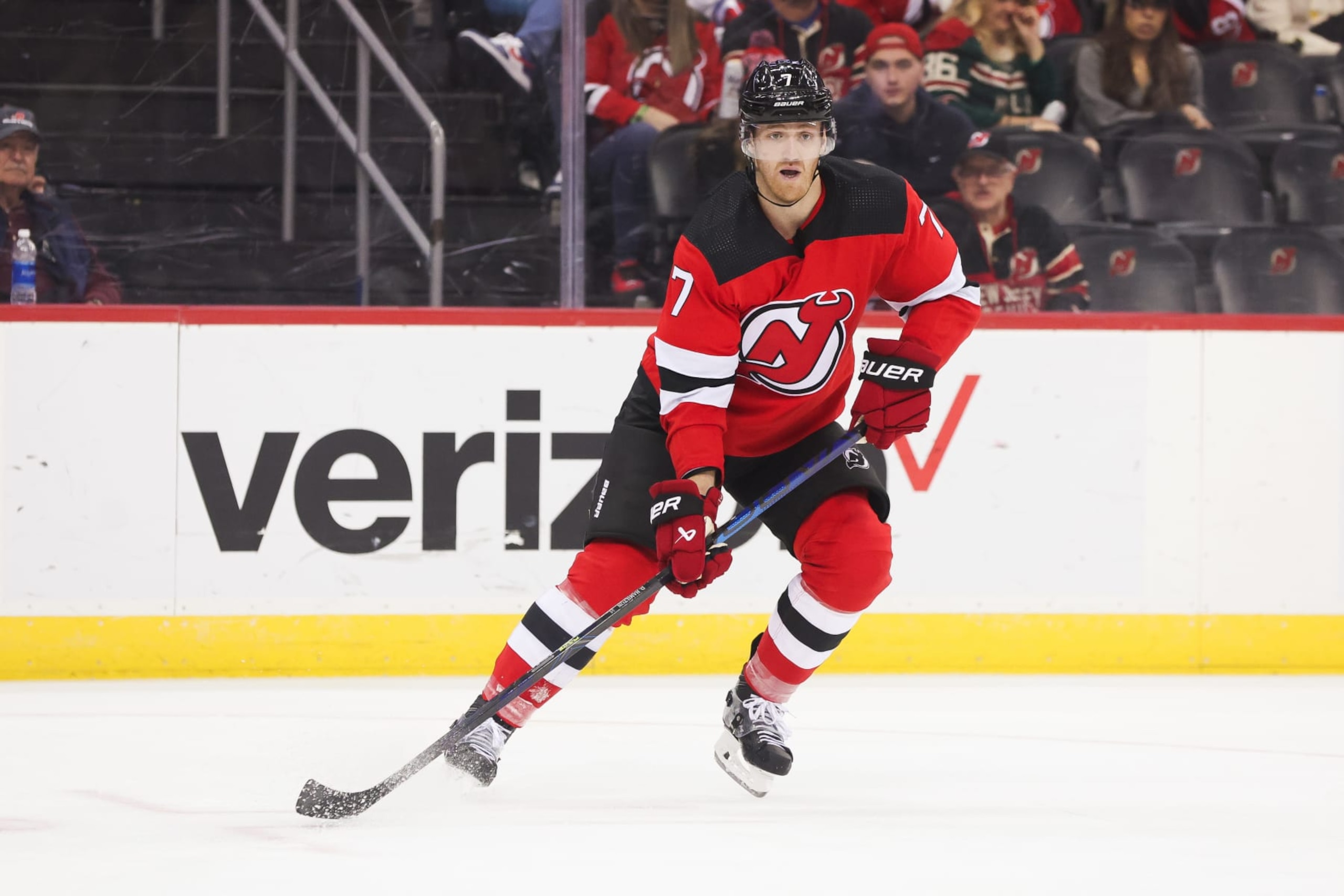 NEWARK, NJ - OCTOBER 29: New Jersey Devils defenseman Dougie Hamilton (7) during a game between the Minnesota Wild and New Jersey Devils on October 29, 2023 at Prudential Center in the Newark, New Jersey.(Photo by Andrew Mordzynski/Icon Sportswire via Getty Images)