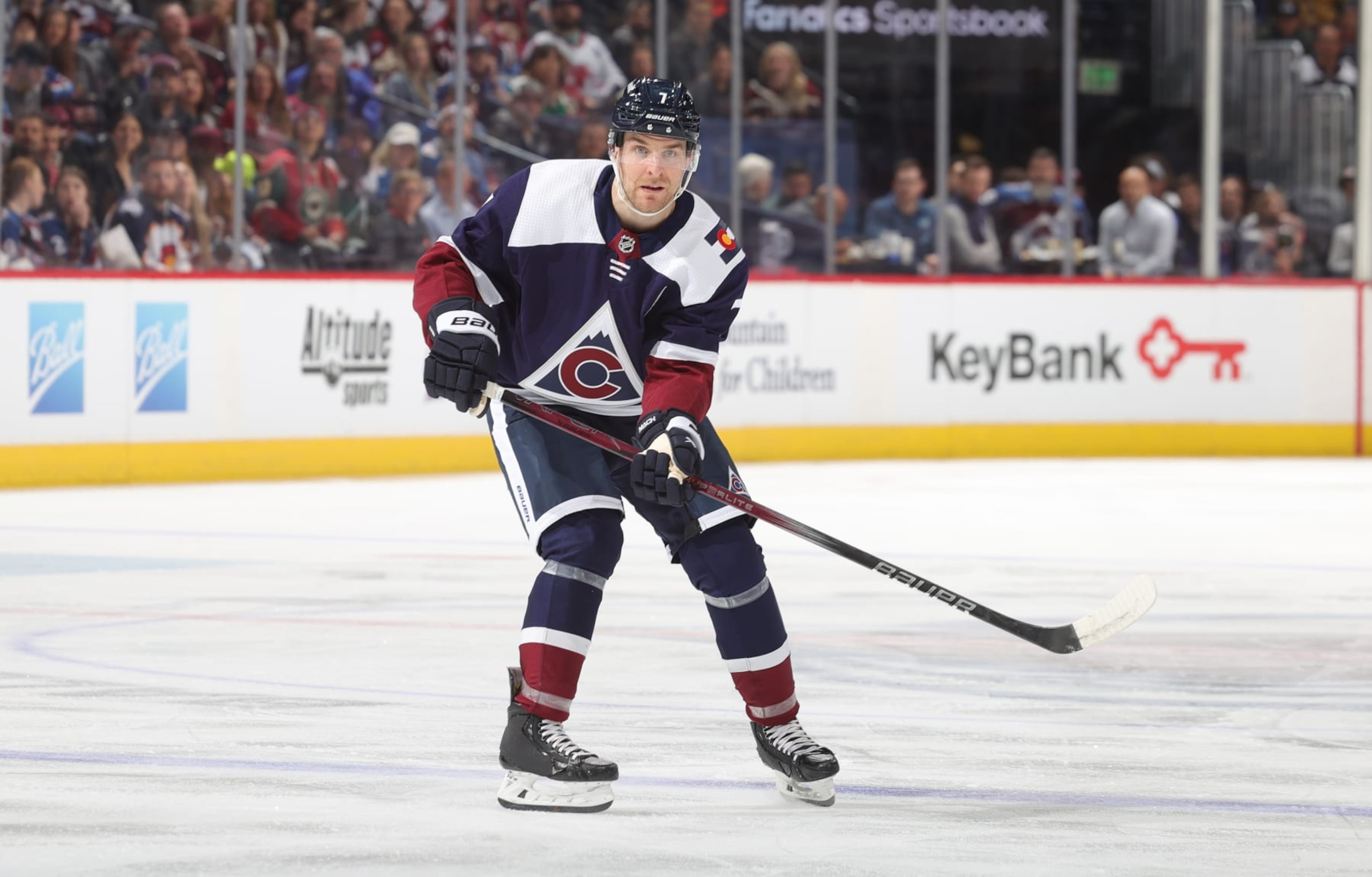 DENVER, COLORADO - APRIL 09: Devon Toews #7 of the Colorado Avalanche skates against the Minnesota Wild at Ball Arena on April 9, 2024 in Denver, Colorado. (Photo by Michael Martin/NHLI via Getty Images)