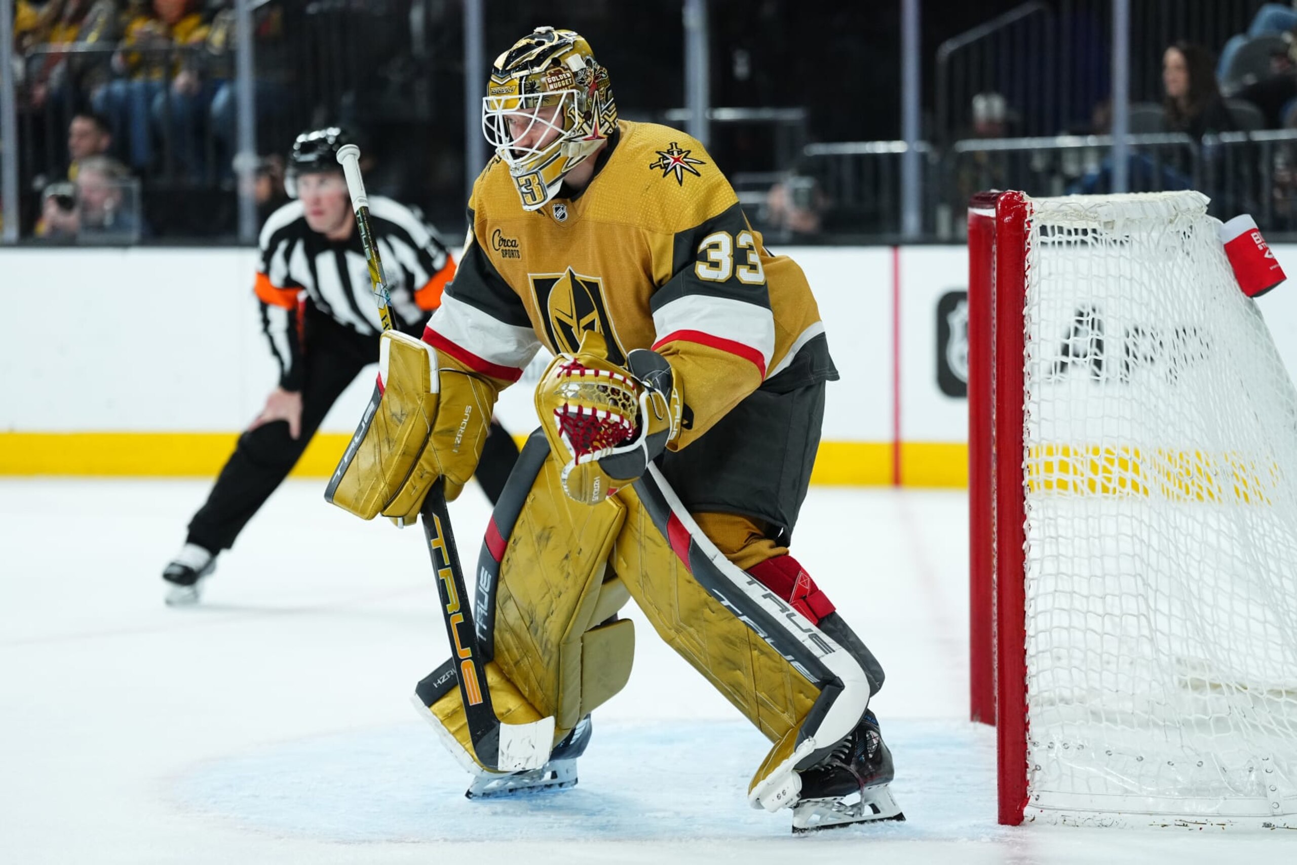 LAS VEGAS, NEVADA - MARCH 23: Adin Hill #33 of the Vegas Golden Knights tends net during the second period against the Columbus Blue Jackets at T-Mobile Arena on March 23, 2024 in Las Vegas, Nevada. (Photo by Jeff Bottari/NHLI via Getty Images)