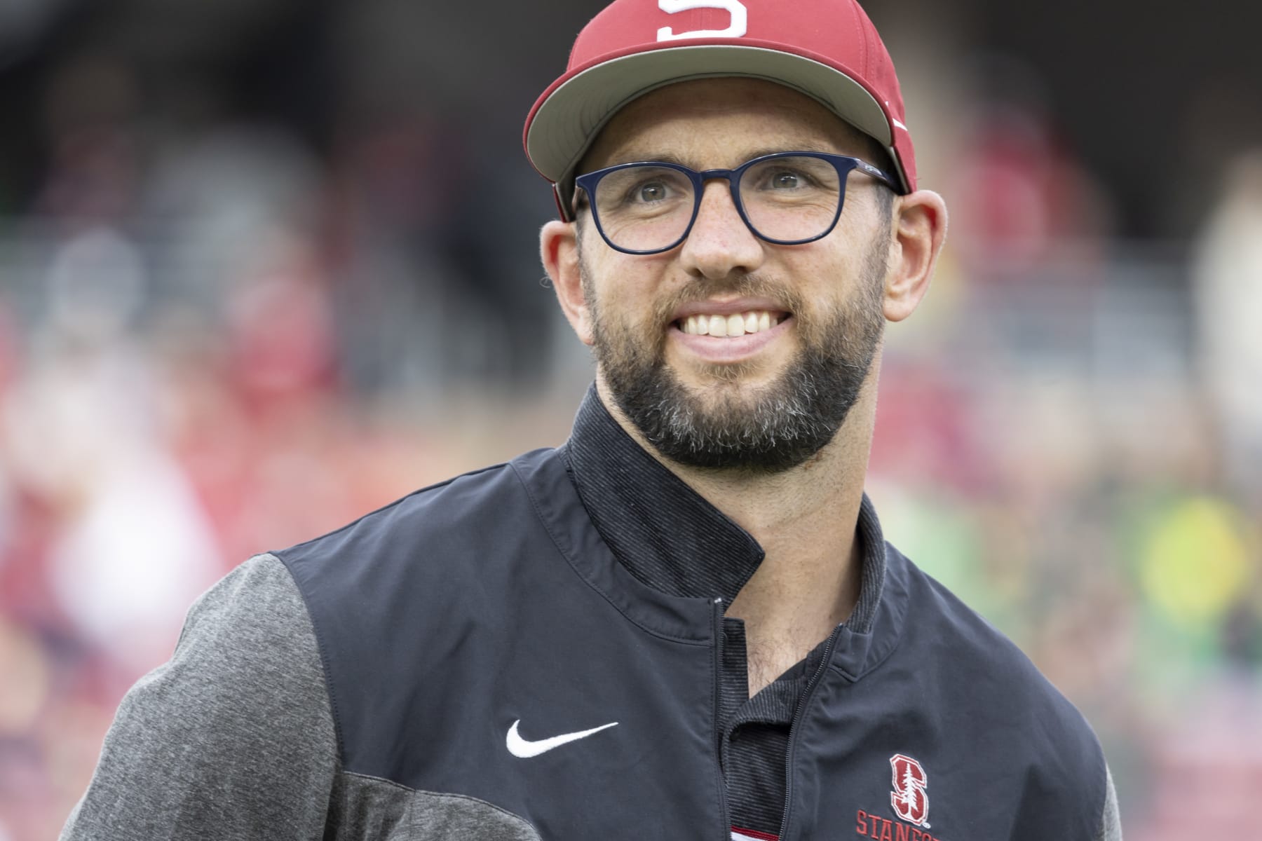 PALO ALTO, CA - SEPTEMBER 30:  Former Stanford and NFL quarterback Andrew Luck is inducted into the Stanford Athletics Hall of Fame at halftime of a Pac-12 NCAA college football game between the Stanford Cardinal and the Oregon Ducks on September 30, 2023 at Stanford Stadium in Palo Alto, California.  (Photo by David Madison/Getty Images)