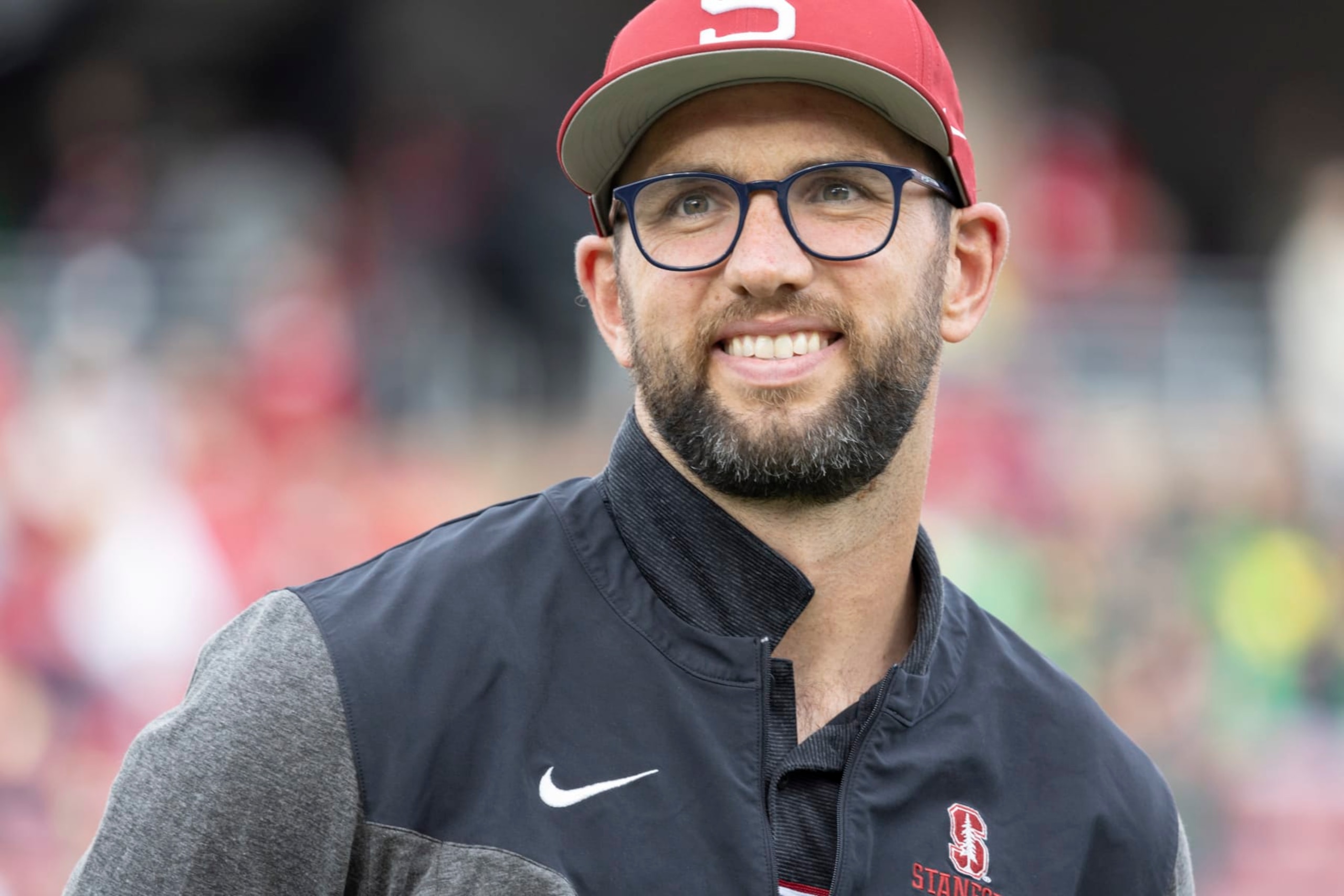 PALO ALTO, CA - SEPTEMBER 30:  Former Stanford and NFL quarterback Andrew Luck is inducted into the Stanford Athletics Hall of Fame at halftime of a Pac-12 NCAA college football game between the Stanford Cardinal and the Oregon Ducks on September 30, 2023 at Stanford Stadium in Palo Alto, California.  (Photo by David Madison/Getty Images)