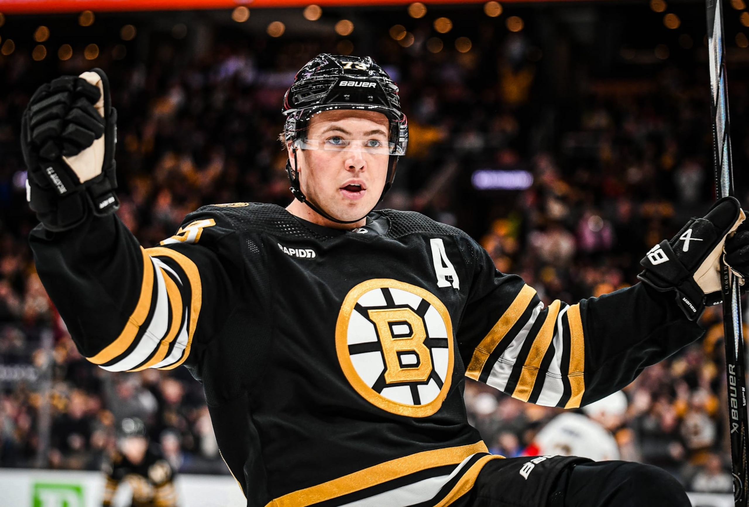 BOSTON, MASSACHUSETTS - APRIL 06: Charlie McAvoy #73 of the Boston Bruins celebrates his first period goal against the Florida Panthers at TD Garden on April 06, 2024 in Boston, Massachusetts. (Photo by China Wong/NHLI via Getty Images)