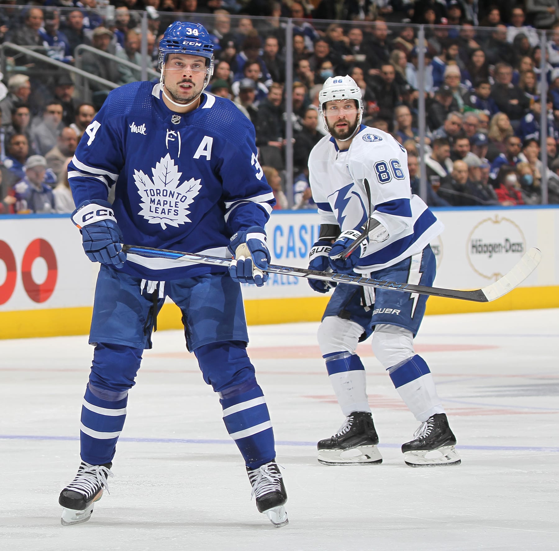 Toronto Maple Leafs center Auston Matthews (left) and Tampa Bay Lightning winger Nikita Kucherov. 