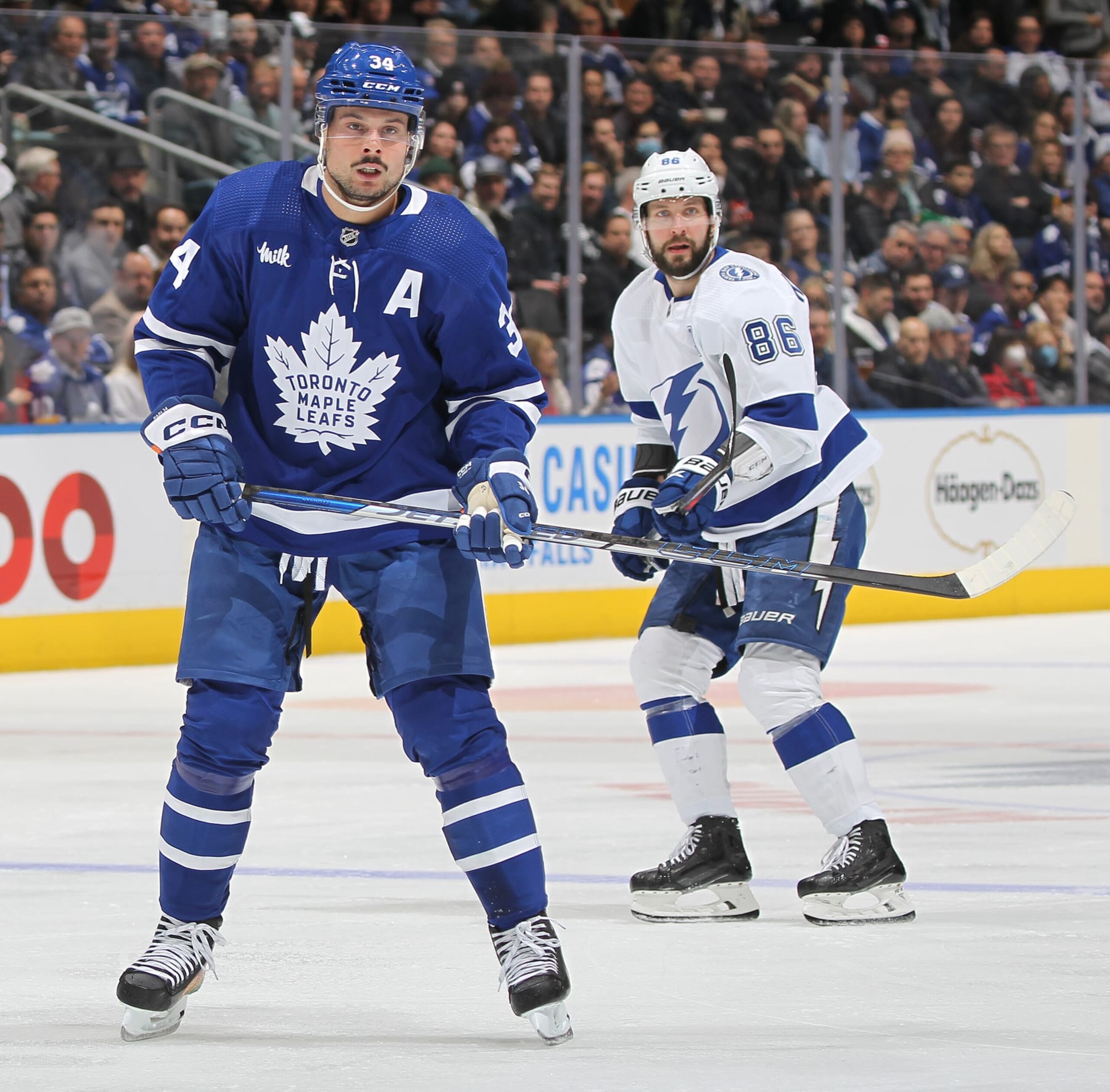Toronto Maple Leafs center Auston Matthews (left) and Tampa Bay Lightning winger Nikita Kucherov. 
