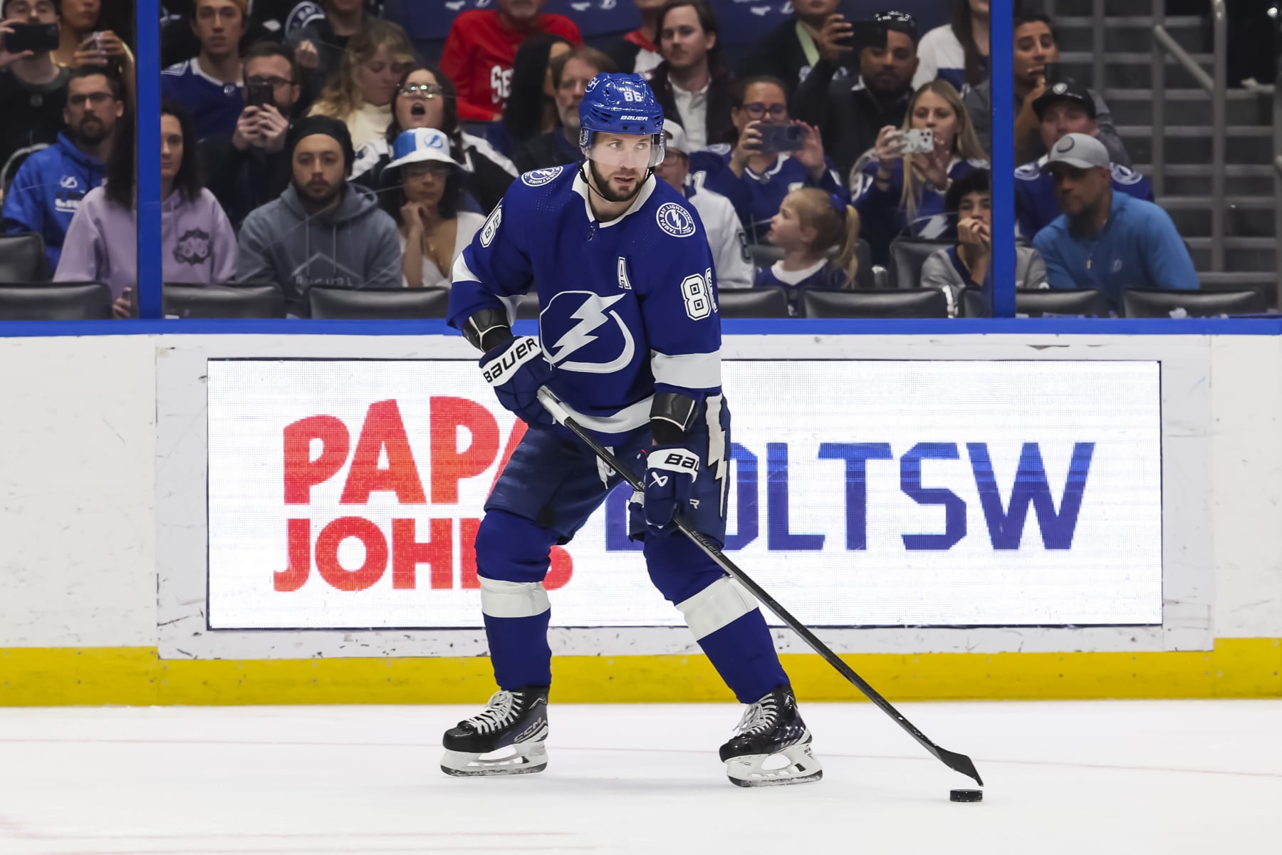 TAMPA, FL - APRIL 11: Nikita Kucherov #86 of the Tampa Bay Lightning against the Ottawa Senators during the second period at Amalie Arena on April 11, 2024 in Tampa, Florida. (Photo by Mark LoMoglio/NHLI via Getty Images)