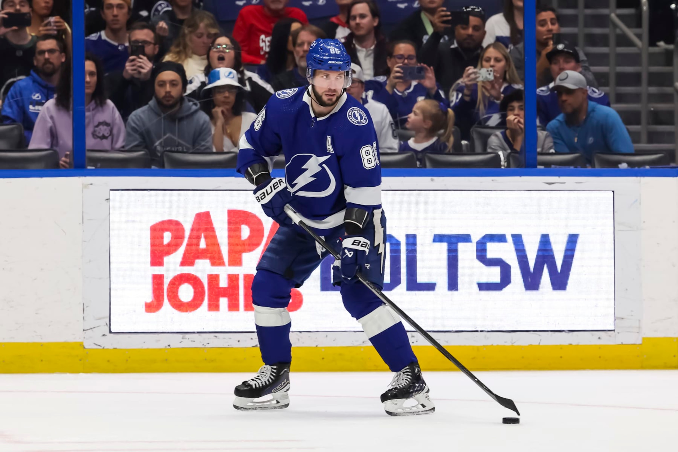 TAMPA, FL - APRIL 11: Nikita Kucherov #86 of the Tampa Bay Lightning against the Ottawa Senators during the second period at Amalie Arena on April 11, 2024 in Tampa, Florida. (Photo by Mark LoMoglio/NHLI via Getty Images)