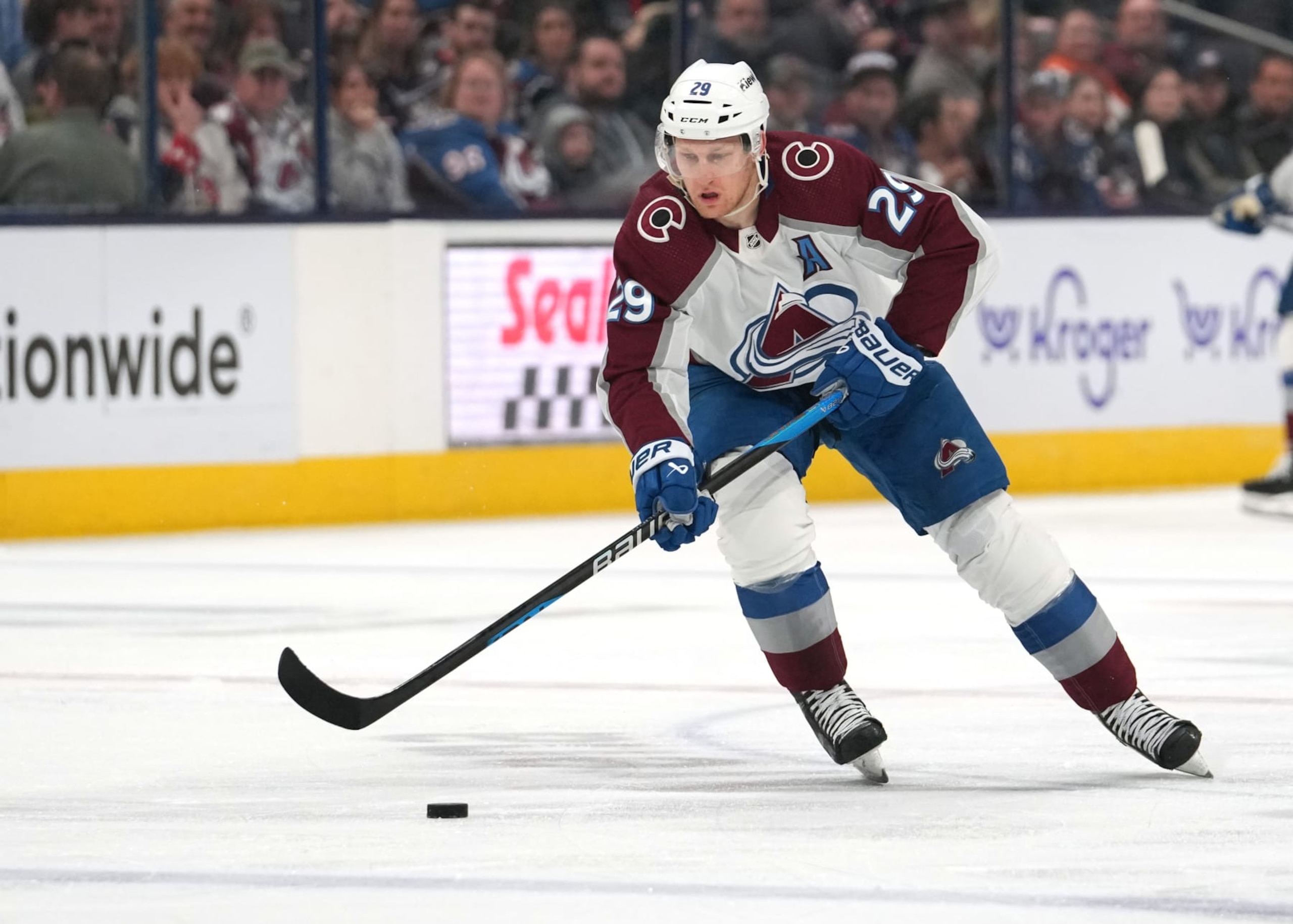 COLUMBUS, OHIO - APRIL 01: Nathan MacKinnon #29 of the Colorado Avalanche skates with the puck during the third period against the Columbus Blue Jackets at Nationwide Arena on April 01, 2024 in Columbus, Ohio. (Photo by Jason Mowry/Getty Images)