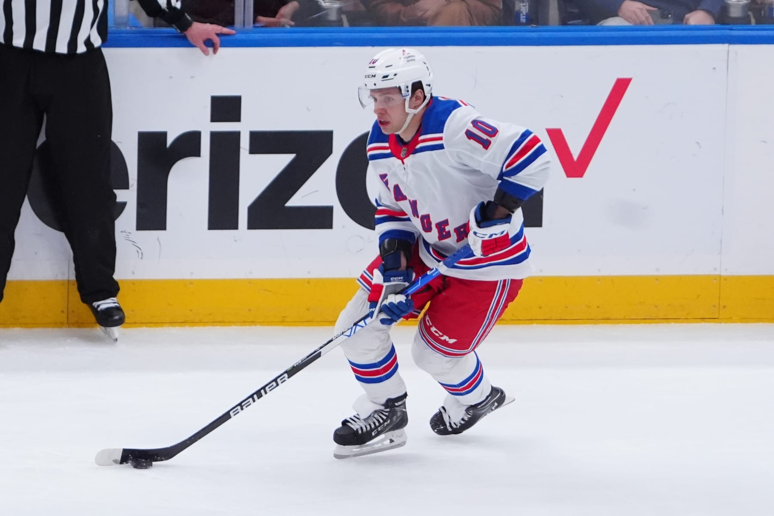 ELMONT, NY - APRIL 09: New York Rangers Left Wing Artemi Panarin (10) skates with the puck during the second period of the National Hockey League game between the New York Rangers and the New York Islanders on April 9, 2024, at UBS Arena in Elmont, NY. (Photo by Gregory Fisher/Icon Sportswire via Getty Images)