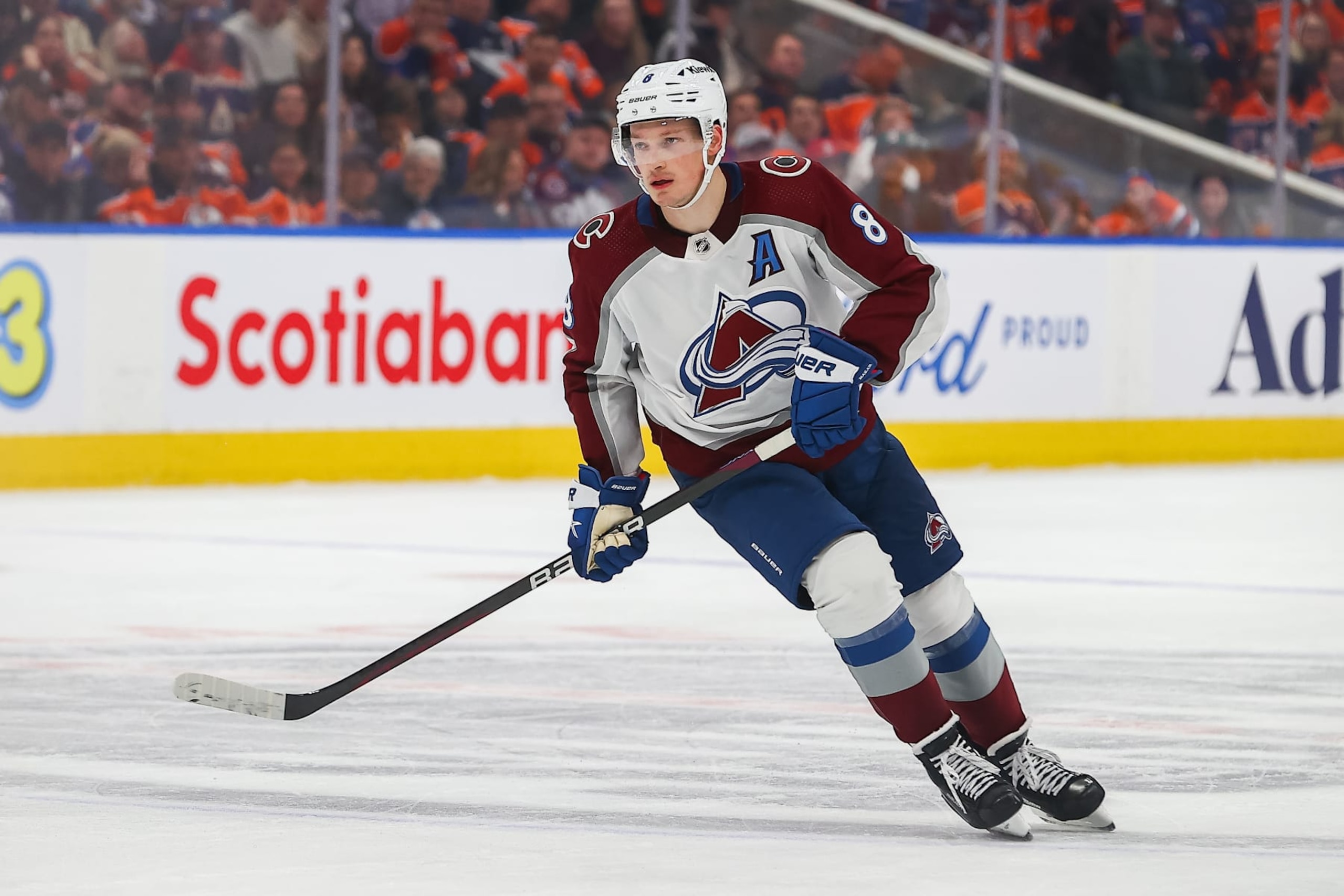 EDMONTON, AB - APRIL 5: Colorado Avalanche Defenceman Cale Makar (8) skates through the neutral zone in the second period of the Edmonton Oilers game versus the Colorado Avalanche on April 5, 2024, at Rogers Place in Edmonton, AB. (Photo by Curtis Comeau/Icon Sportswire via Getty Images)