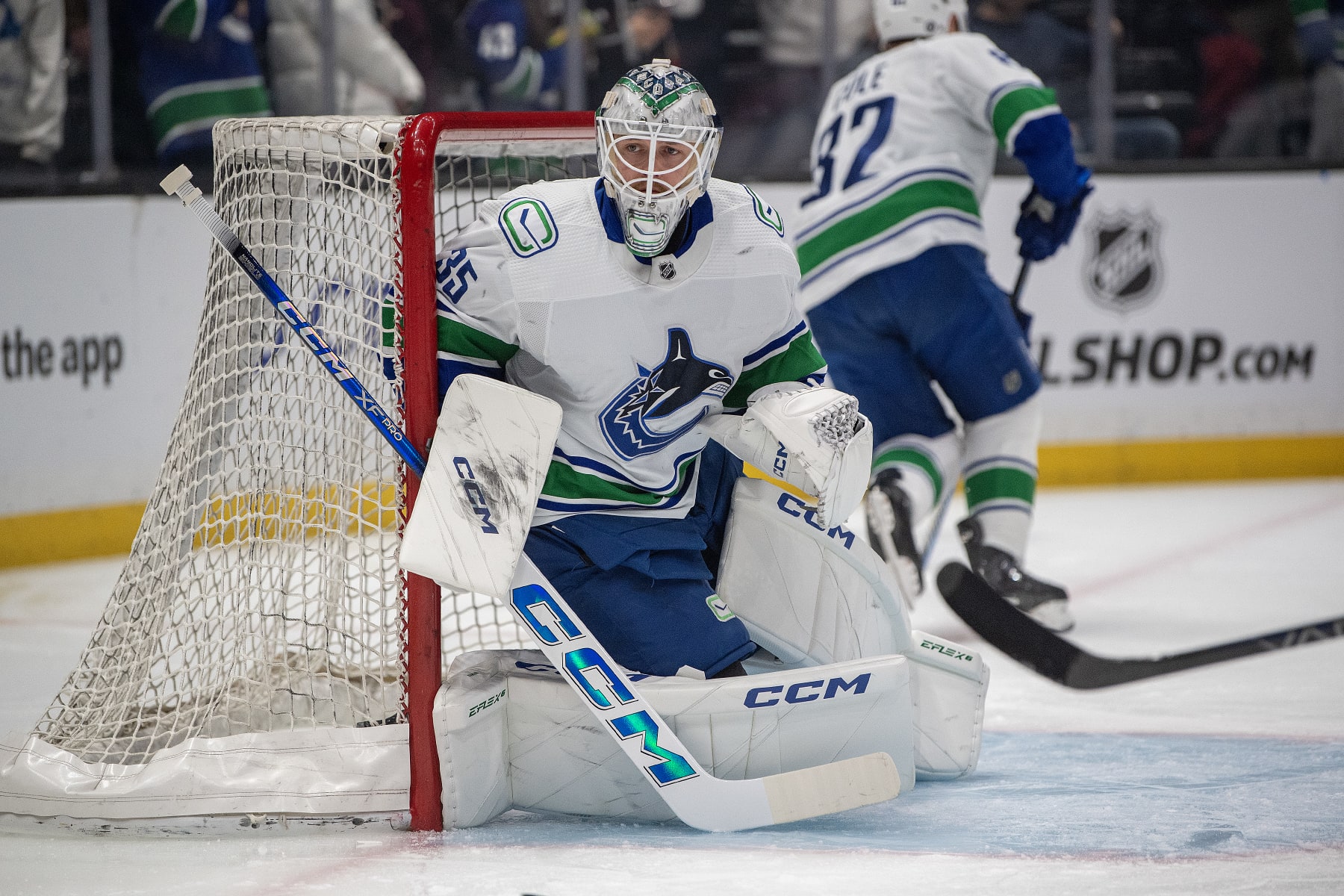 LOS ANGELES, CA - MARCH 05: Vancouver Canucks Goalie Thatcher Demko (35) skates during warm ups before a game between the Vancouver Canucks and the Los Angeles Kings on March 5th, 2024 at the Crypto.com Arena in Los Angeles, CA.  (Photo by Rob Curtis/Icon Sportswire via Getty Images)