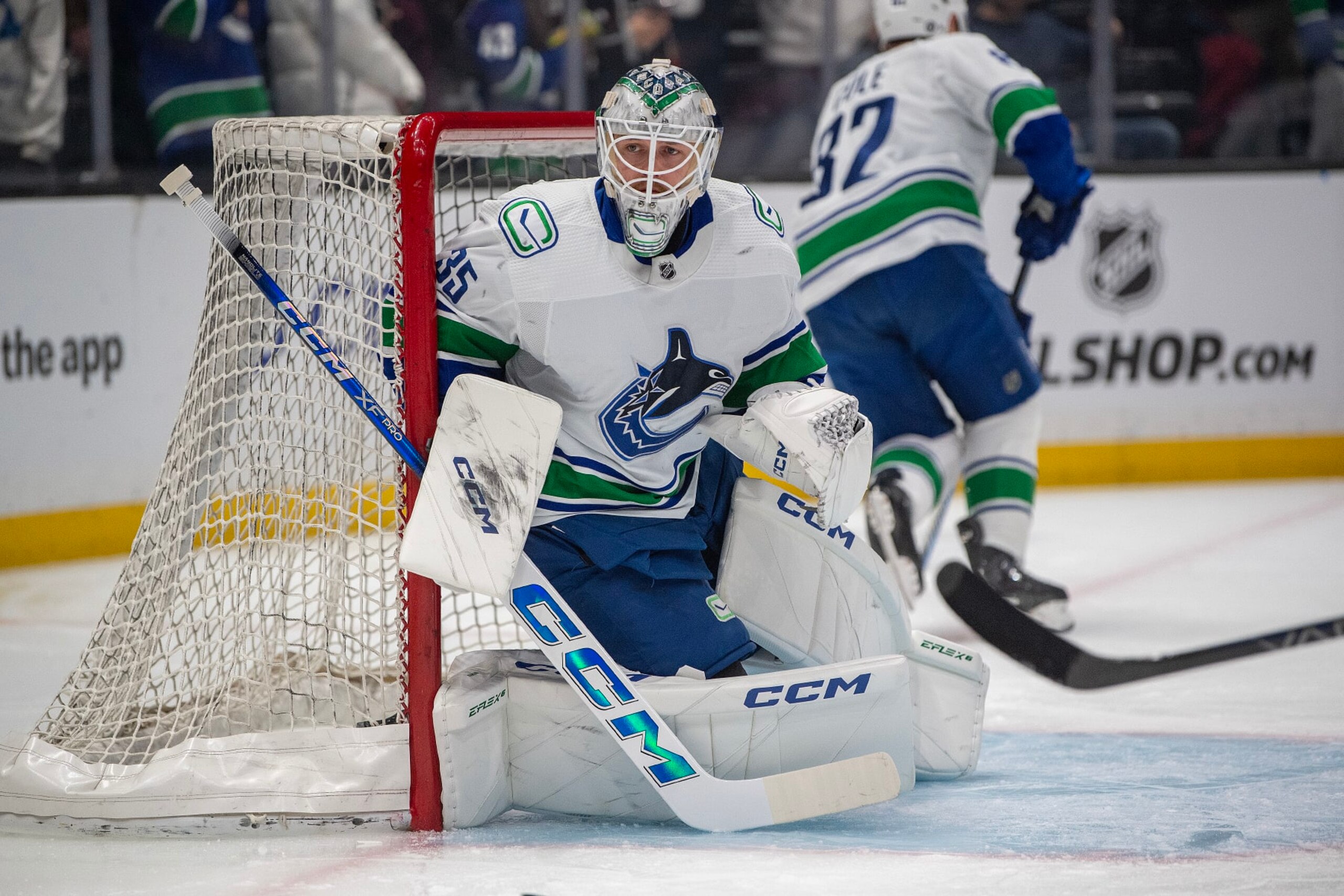 LOS ANGELES, CA - MARCH 05: Vancouver Canucks Goalie Thatcher Demko (35) skates during warm ups before a game between the Vancouver Canucks and the Los Angeles Kings on March 5th, 2024 at the Crypto.com Arena in Los Angeles, CA.  (Photo by Rob Curtis/Icon Sportswire via Getty Images)