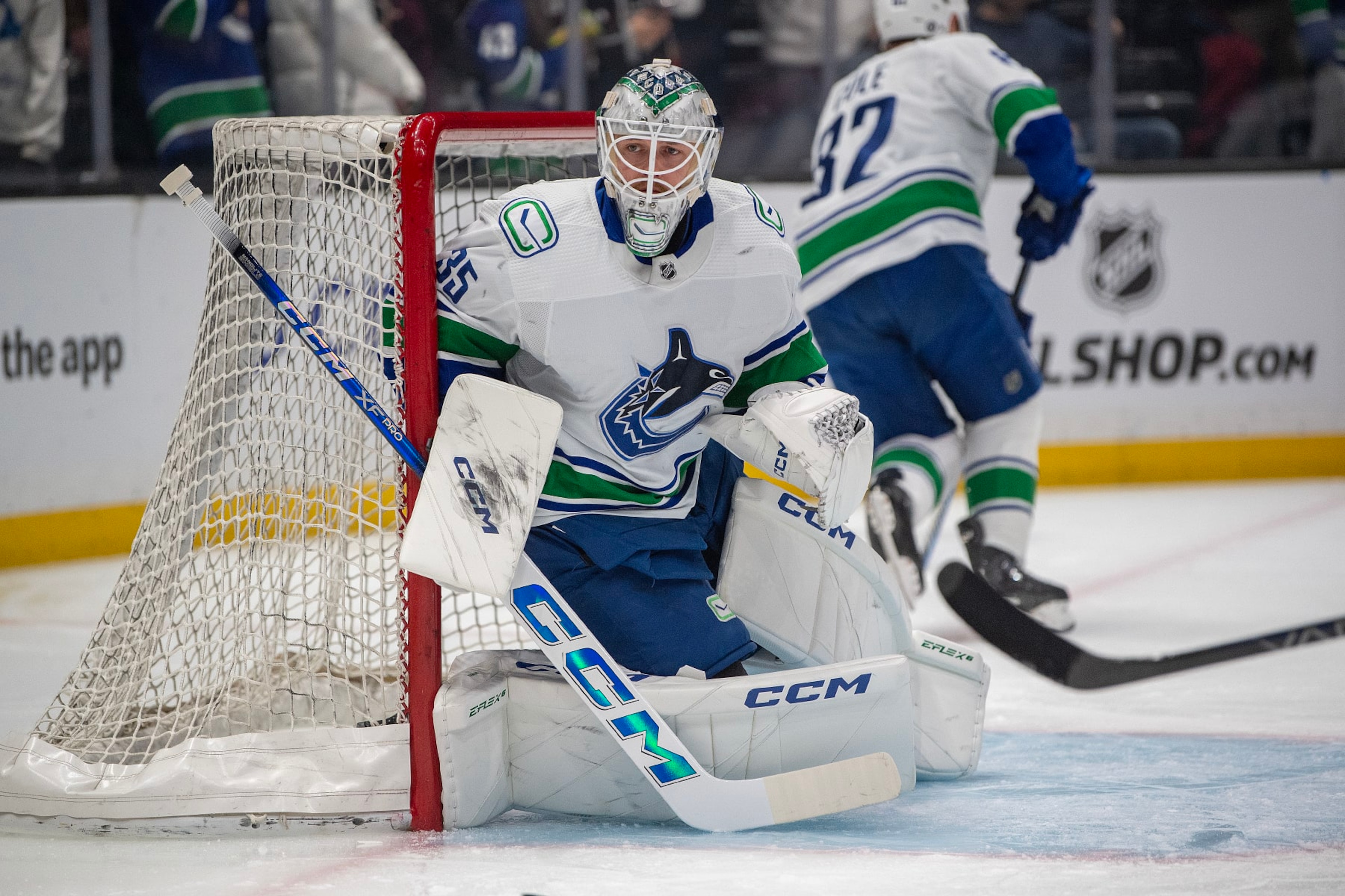 LOS ANGELES, CA - MARCH 05: Vancouver Canucks Goalie Thatcher Demko (35) skates during warm ups before a game between the Vancouver Canucks and the Los Angeles Kings on March 5th, 2024 at the Crypto.com Arena in Los Angeles, CA.  (Photo by Rob Curtis/Icon Sportswire via Getty Images)