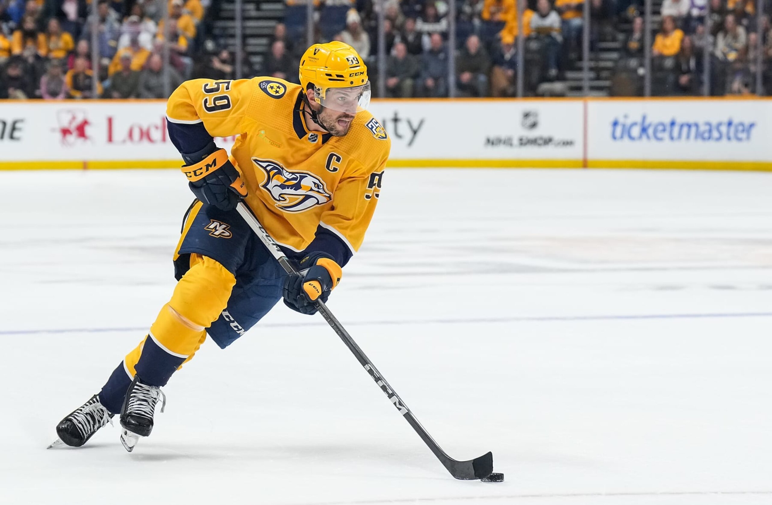 NASHVILLE, TENNESSEE - MARCH 26: Roman Josi #59 of the Nashville Predators skates against the Vegas Golden Knights during an NHL game at Bridgestone Arena on March 26, 2024 in Nashville, Tennessee. (Photo by John Russell/NHLI via Getty Images)