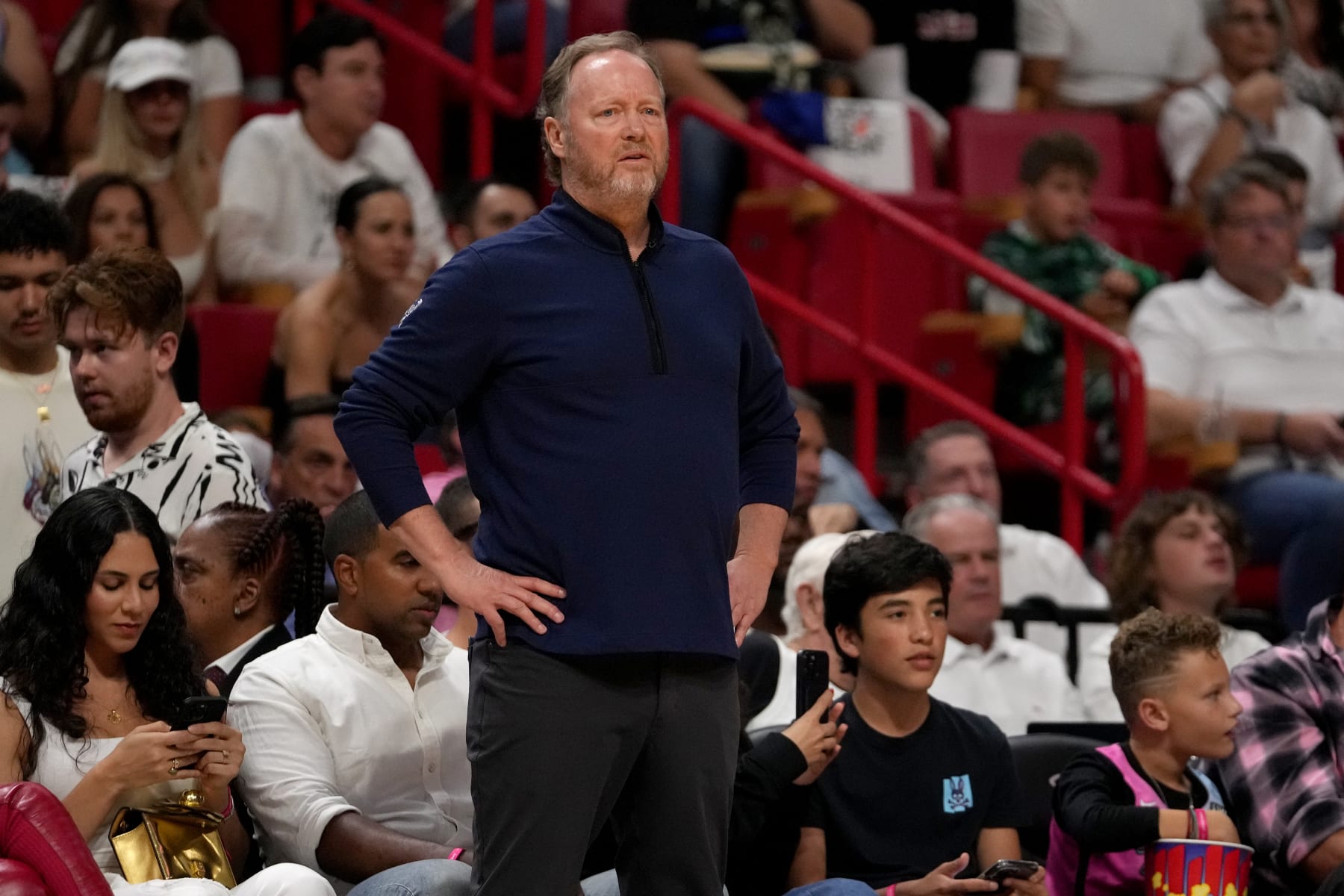 MIAMI, FL - APRIL 22: Head Coach Mike Budenholzer of the Milwaukee Bucks looks on during the game against the Miami Heat during Round One Game Three of the 2023 NBA Playoffs on April 22, 2023 at Kaseya Center in Miami, Florida. NOTE TO USER: User expressly acknowledges and agrees that, by downloading and or using this Photograph, user is consenting to the terms and conditions of the Getty Images License Agreement. Mandatory Copyright Notice: Copyright 2023 NBAE (Photo by Eric Espada/NBAE via Getty Images)