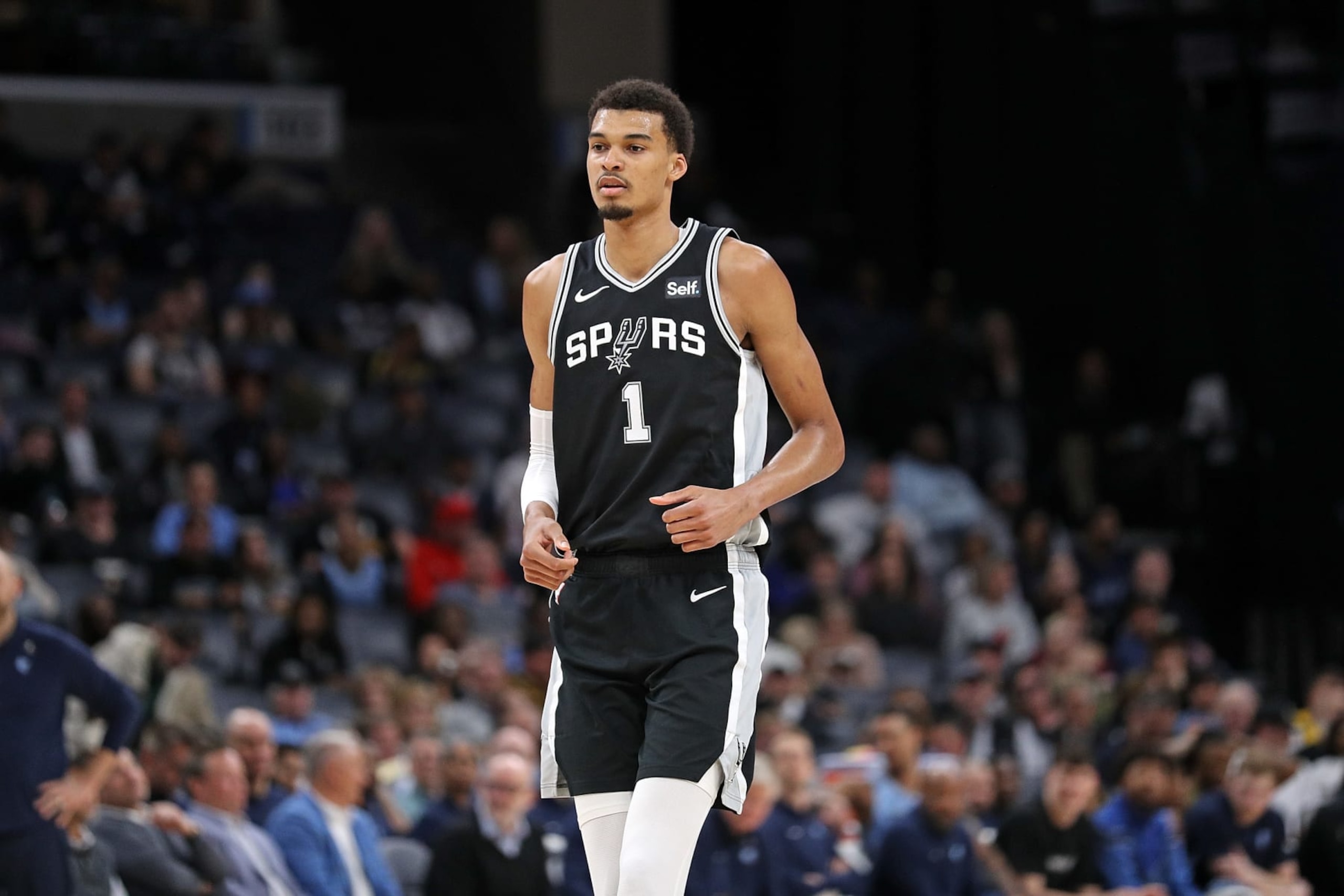 MEMPHIS, TENNESSEE - APRIL 09: Victor Wembanyama #1 of the San Antonio Spurs looks on during the game against the Memphis Grizzlies at FedExForum on April 09, 2024 in Memphis, Tennessee. NOTE TO USER: User expressly acknowledges and agrees that, by downloading and or using this photograph, User is consenting to the terms and conditions of the Getty Images License Agreement. (Photo by Justin Ford/Getty Images) MEMPHIS, TENNESSEE - APRIL 09: Victor Wembanyama #1 of the San Antonio Spurs looks on during the game against the Memphis Grizzlies at FedExForum on April 09, 2024 in Memphis, Tennessee. NOTE TO USER: User expressly acknowledges and agrees that, by downloading and or using this photograph, User is consenting to the terms and conditions of the Getty Images License Agreement. (Photo by Justin Ford/Getty Images)