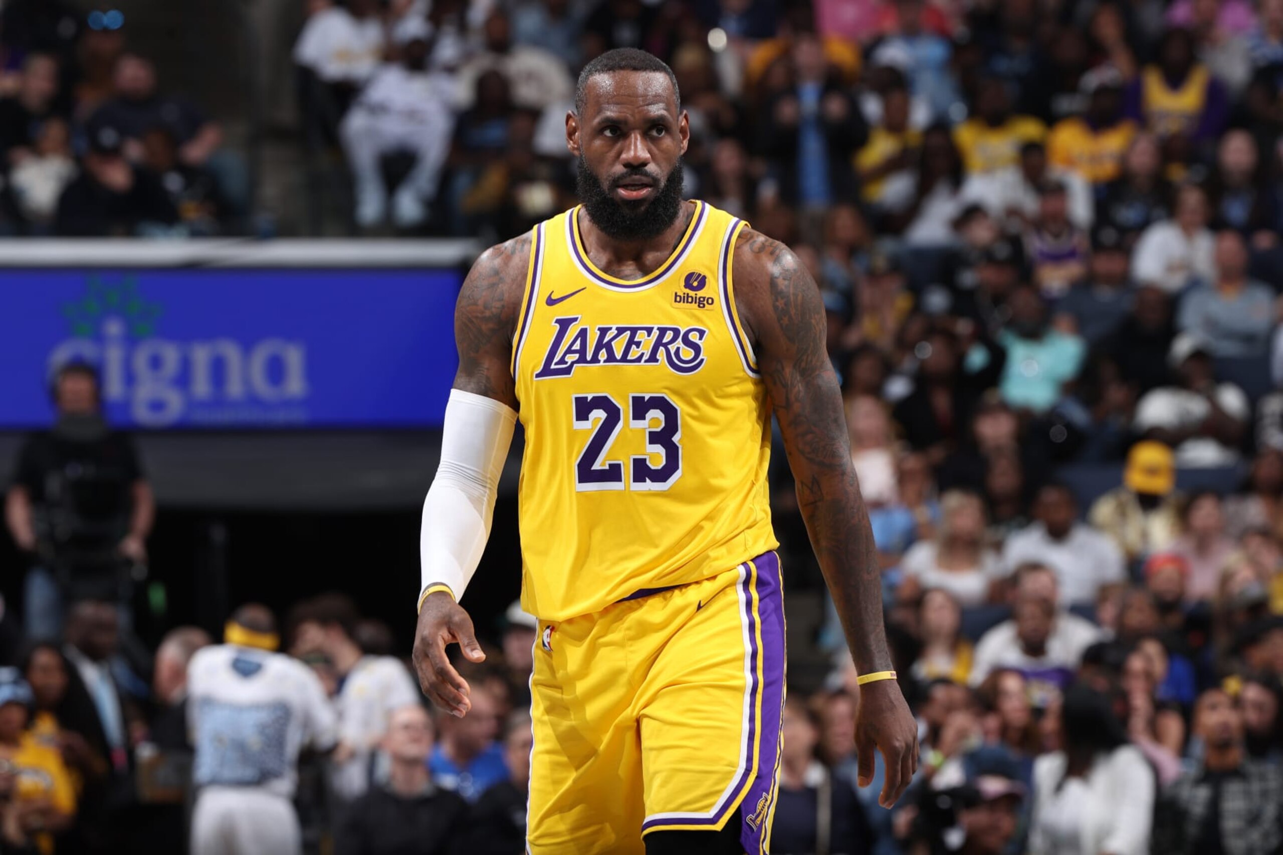 MEMPHIS, TN - APRIL 12: LeBron James #23 of the Los Angeles Lakers looks on during the game against the Memphis Grizzlies on April 12, 2024 at FedExForum in Memphis, Tennessee. NOTE TO USER: User expressly acknowledges and agrees that, by downloading and or using this photograph, User is consenting to the terms and conditions of the Getty Images License Agreement. Mandatory Copyright Notice: Copyright 2024 NBAE (Photo by Joe Murphy/NBAE via Getty Images) MEMPHIS, TN - APRIL 12: LeBron James #23 of the Los Angeles Lakers looks on during the game against the Memphis Grizzlies on April 12, 2024 at FedExForum in Memphis, Tennessee. NOTE TO USER: User expressly acknowledges and agrees that, by downloading and or using this photograph, User is consenting to the terms and conditions of the Getty Images License Agreement. Mandatory Copyright Notice: Copyright 2024 NBAE (Photo by Joe Murphy/NBAE via Getty Images)