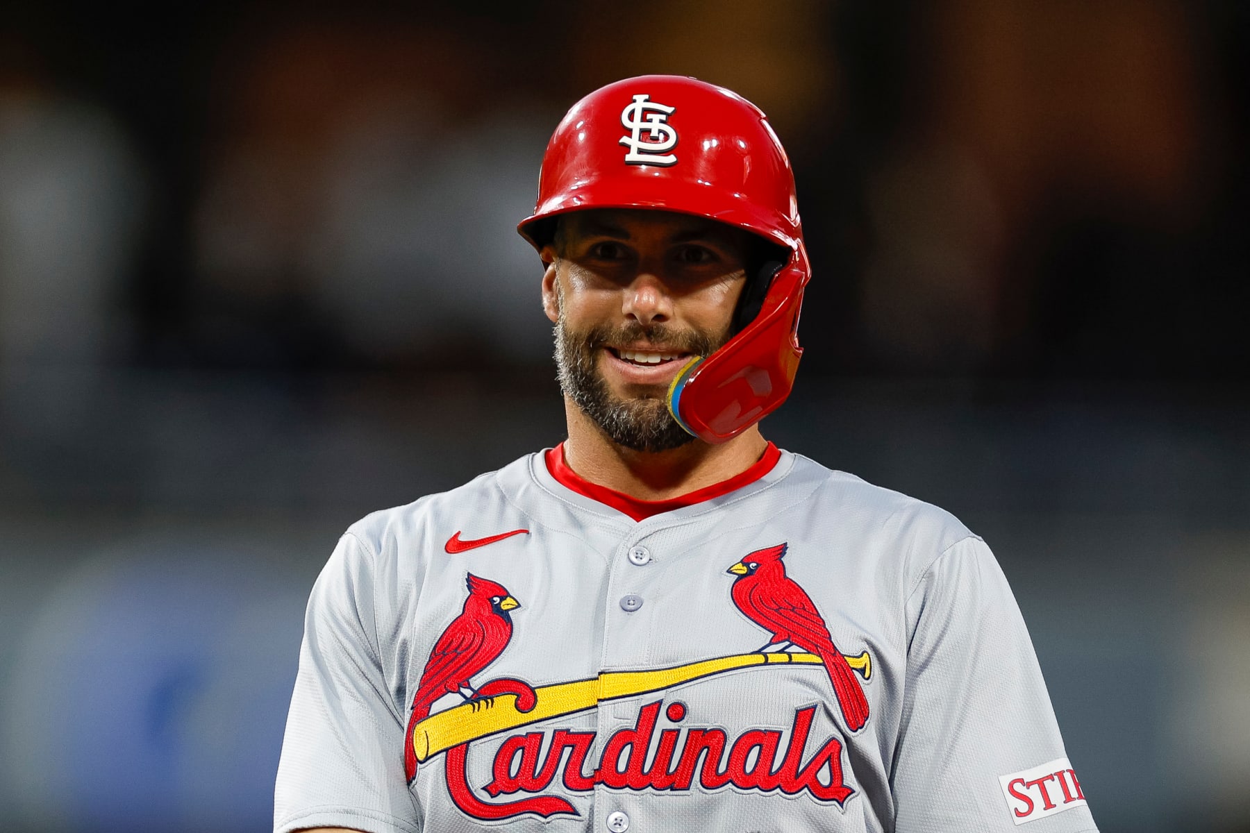 SAN DIEGO, CALIFORNIA - APRIL 1: Paul Goldschmidt #46 of the St. Louis Cardinals smiles after an RBI single during the second inning against the San Diego Padres at PETCO Park on April 1, 2024 in San Diego, California. (Photo by Brandon Sloter/Getty Images)