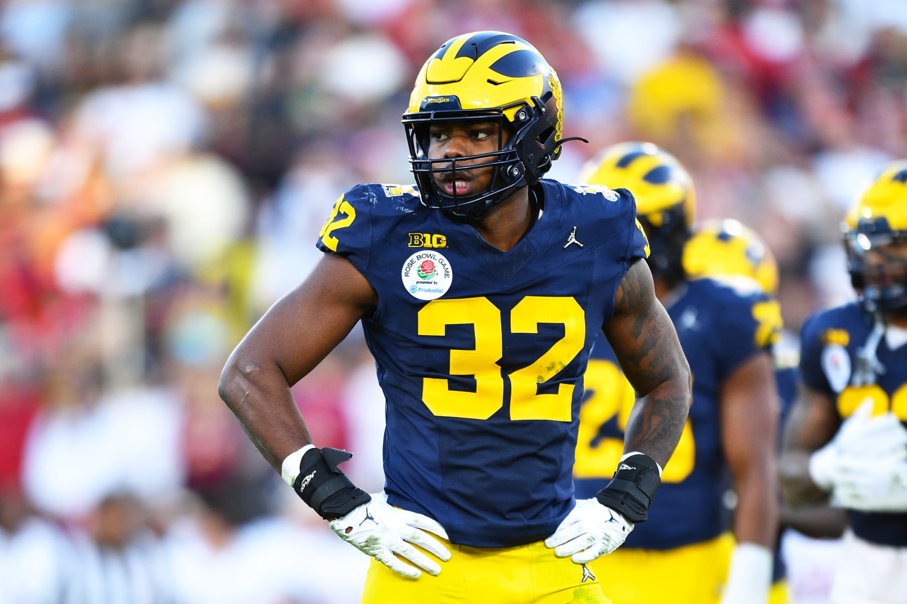 PASADENA, CA - JANUARY 01: EDGE Jaylen Harrell (32) of the Michigan Wolverines looks on during the Alabama Crimson Tide game versus the Michigan Wolverines CFP Semifinal at the Rose Bowl Game on January, 1, 2024, at the Rose Bowl Stadium in Pasadena, CA. (Photo by Brian Rothmuller/Icon Sportswire via Getty Images) PASADENA, CA - JANUARY 01: EDGE Jaylen Harrell (32) of the Michigan Wolverines looks on during the Alabama Crimson Tide game versus the Michigan Wolverines CFP Semifinal at the Rose Bowl Game on January, 1, 2024, at the Rose Bowl Stadium in Pasadena, CA. (Photo by Brian Rothmuller/Icon Sportswire via Getty Images)