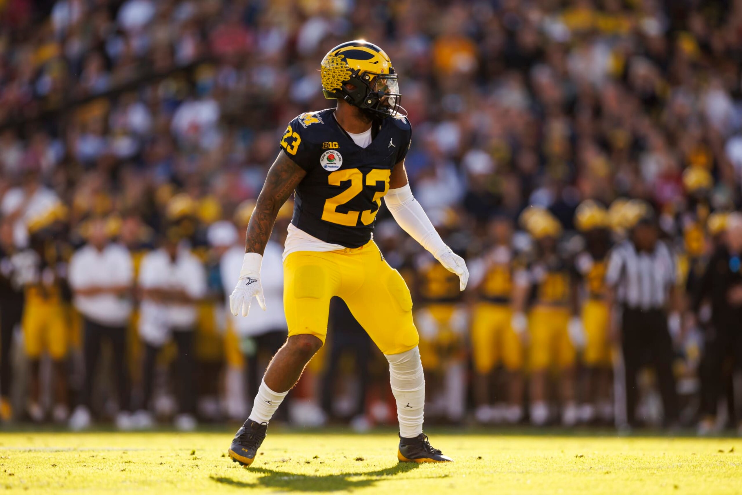 PASADENA, CALIFORNIA - JANUARY 01: Linebacker Michael Barrett #23 of the Michigan Wolverines defends in coverage during the CFP Semifinal Rose Bowl Game against the Alabama Crimson Tide at Rose Bowl Stadium on January 1, 2024 in Pasadena, California. (Photo by Ryan Kang/Getty Images)