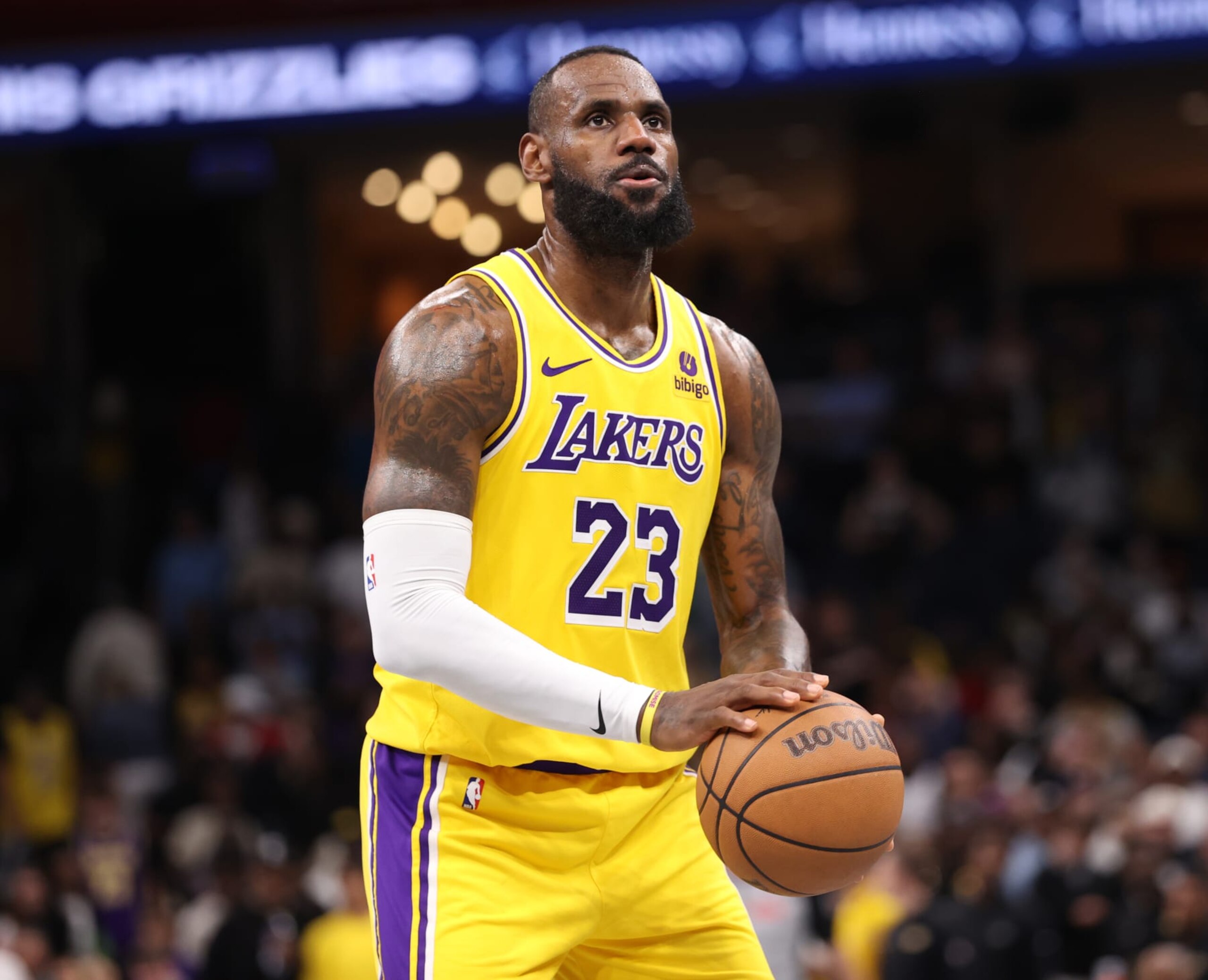 MEMPHIS, TN - APRIL 12: LeBron James #23 of the Los Angeles Lakers shoots a free throw during the game against the Memphis Grizzlies on April 12, 2024 at FedExForum in Memphis, Tennessee. NOTE TO USER: User expressly acknowledges and agrees that, by downloading and or using this photograph, User is consenting to the terms and conditions of the Getty Images License Agreement. Mandatory Copyright Notice: Copyright 2024 NBAE (Photo by Joe Murphy/NBAE via Getty Images) MEMPHIS, TN - APRIL 12: LeBron James #23 of the Los Angeles Lakers shoots a free throw during the game against the Memphis Grizzlies on April 12, 2024 at FedExForum in Memphis, Tennessee. NOTE TO USER: User expressly acknowledges and agrees that, by downloading and or using this photograph, User is consenting to the terms and conditions of the Getty Images License Agreement. Mandatory Copyright Notice: Copyright 2024 NBAE (Photo by Joe Murphy/NBAE via Getty Images)