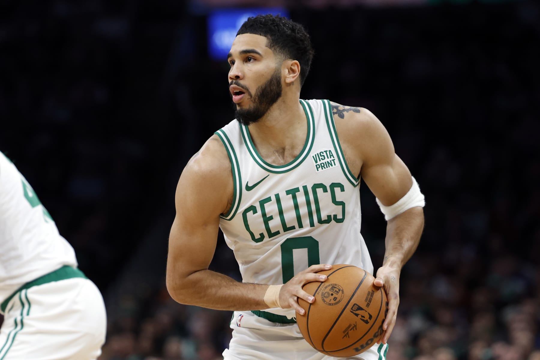 Boston, MA - April 11: Boston Celtics forward Jayson Tatum looks to take a shot against the New York Knicks in the first quarter. (Photo by Danielle Parhizkaran/The Boston Globe via Getty Images)