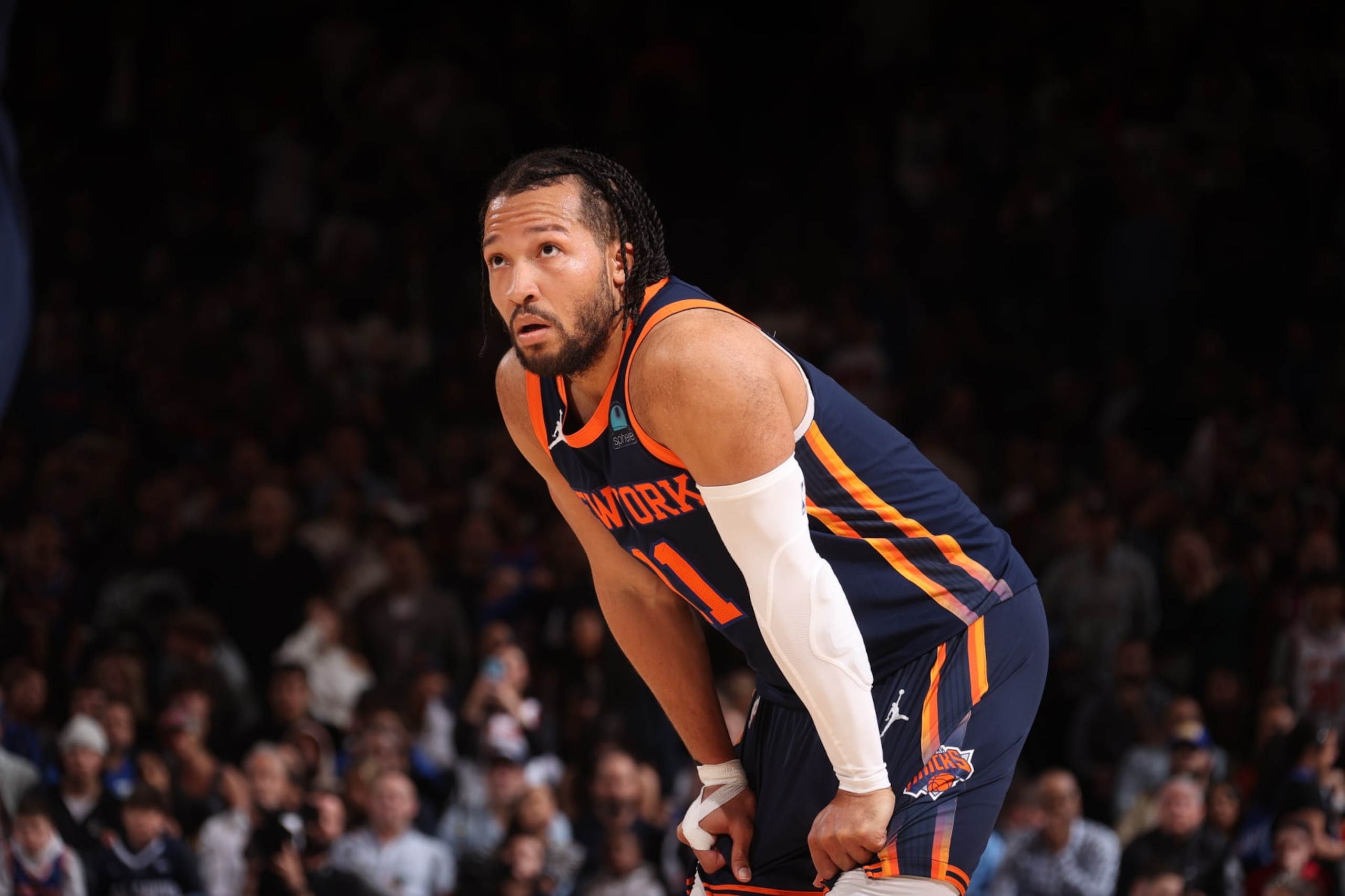 NEW YORK, NY - APRIL 12: Jalen Brunson #11 of the New York Knicks looks on during the game against the Brooklyn Nets on April 12, 2024 at Madison Square Garden in New York City, New York. NOTE TO USER: User expressly acknowledges and agrees that, by downloading and or using this photograph, User is consenting to the terms and conditions of the Getty Images License Agreement. Mandatory Copyright Notice: Copyright 2024 NBAE (Photo by Nathaniel S. Butler/NBAE via Getty Images) NEW YORK, NY - APRIL 12: Jalen Brunson #11 of the New York Knicks looks on during the game against the Brooklyn Nets on April 12, 2024 at Madison Square Garden in New York City, New York. NOTE TO USER: User expressly acknowledges and agrees that, by downloading and or using this photograph, User is consenting to the terms and conditions of the Getty Images License Agreement. Mandatory Copyright Notice: Copyright 2024 NBAE (Photo by Nathaniel S. Butler/NBAE via Getty Images)