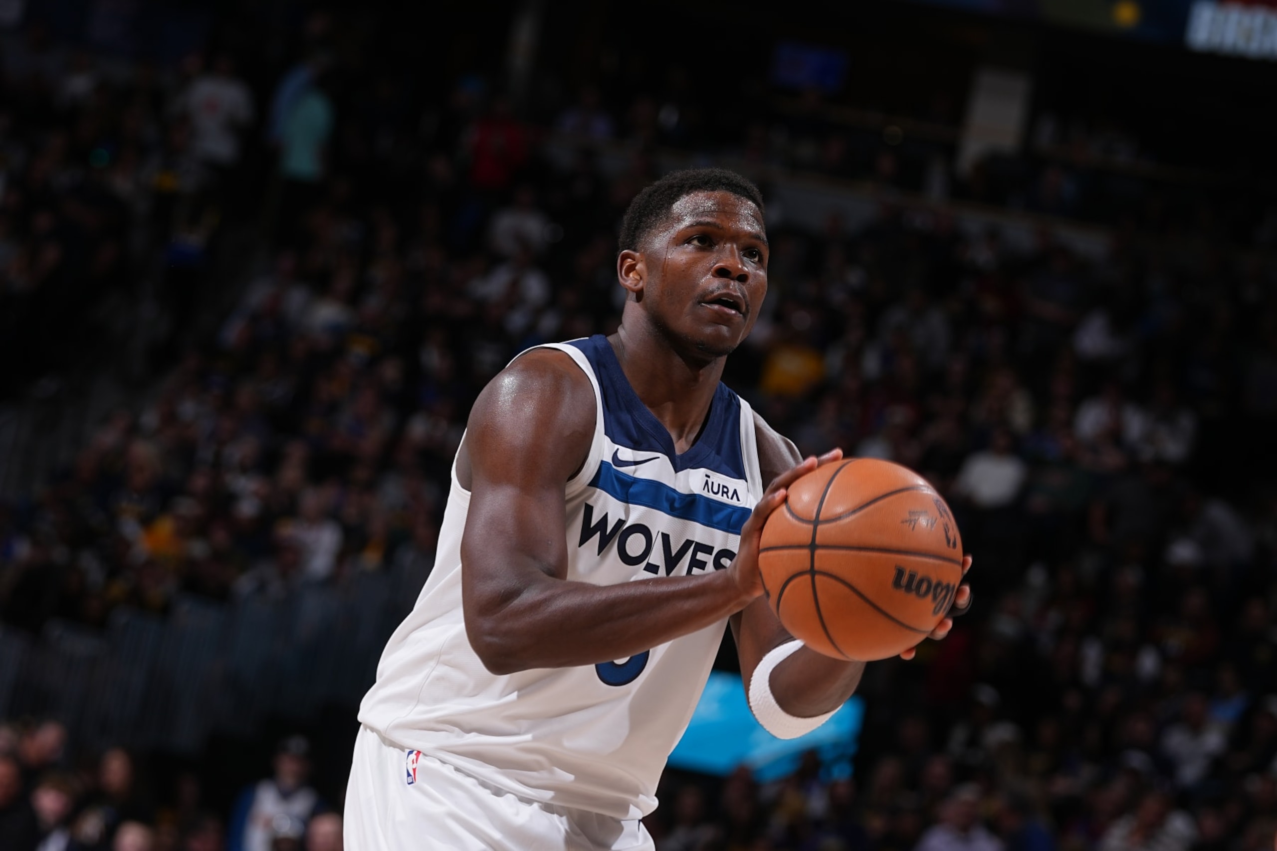 DENVER, CO - APRIL 10: Anthony Edwards #5 of the Minnesota Timberwolves shoots a free throw during the game against the Denver Nuggets on April 10, 2024 at the Ball Arena in Denver, Colorado. NOTE TO USER: User expressly acknowledges and agrees that, by downloading and/or using this Photograph, user is consenting to the terms and conditions of the Getty Images License Agreement. Mandatory Copyright Notice: Copyright 2024 NBAE (Photo by Bart Young/NBAE via Getty Images) DENVER, CO - APRIL 10: Anthony Edwards #5 of the Minnesota Timberwolves shoots a free throw during the game against the Denver Nuggets on April 10, 2024 at the Ball Arena in Denver, Colorado. NOTE TO USER: User expressly acknowledges and agrees that, by downloading and/or using this Photograph, user is consenting to the terms and conditions of the Getty Images License Agreement. Mandatory Copyright Notice: Copyright 2024 NBAE (Photo by Bart Young/NBAE via Getty Images)