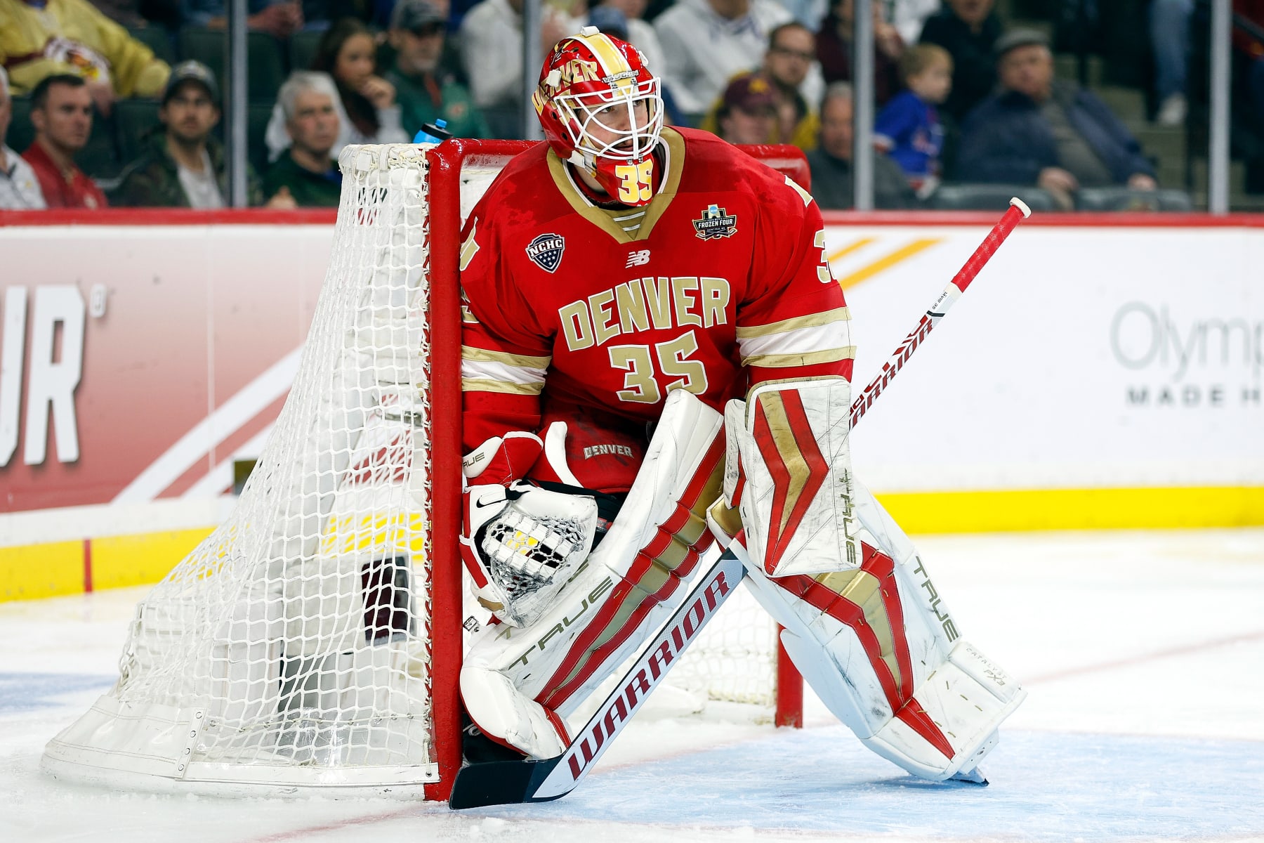 ST PAUL, MINNESOTA - APRIL 13: Matt Davis #35 of the Denver Pioneers defends his net against the Boston College Eagles in the first period during the NCAA Men's Hockey Frozen Four Championship game at Xcel Energy Center on April 13, 2024 in St Paul, Minnesota. (Photo by David Berding/Getty Images)