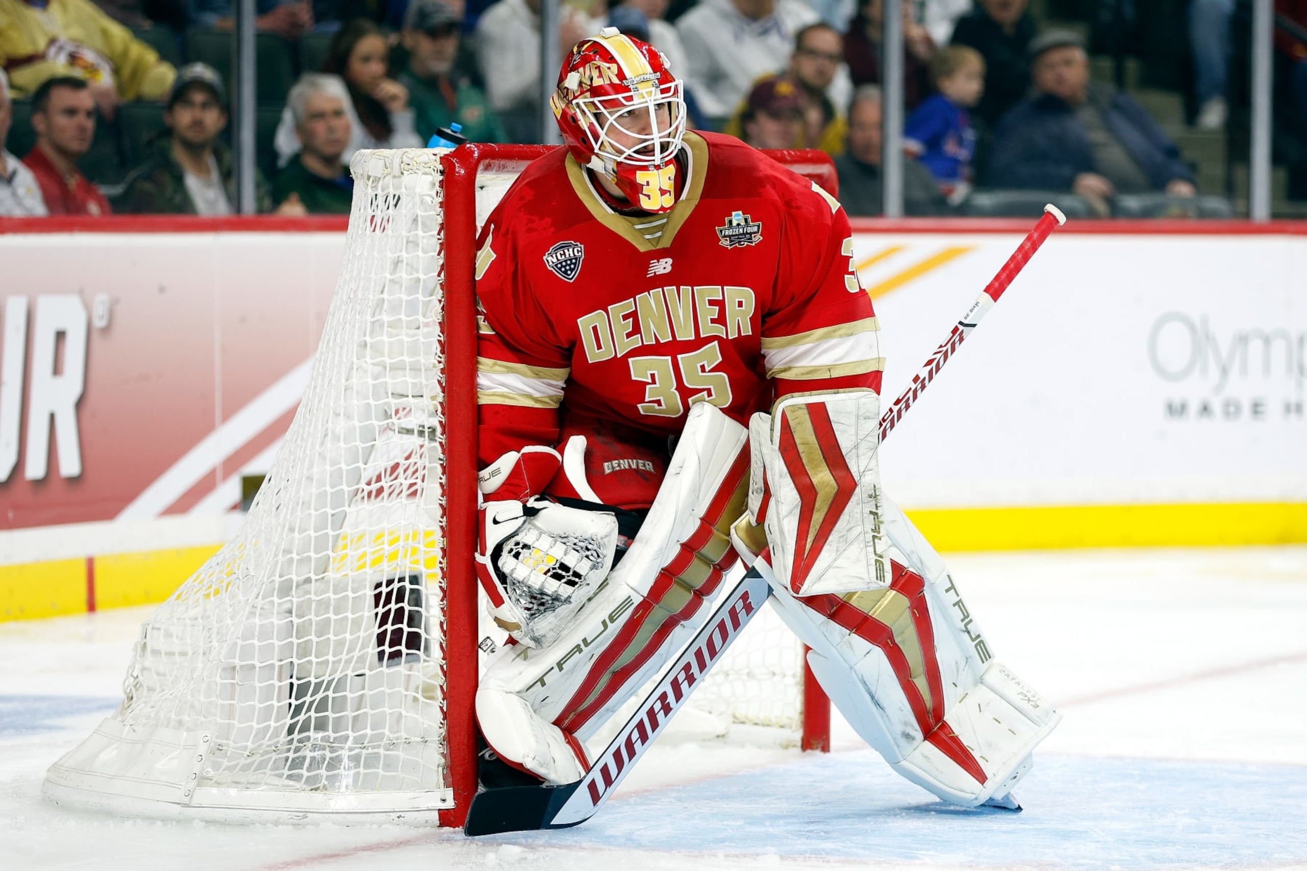 ST PAUL, MINNESOTA - APRIL 13: Matt Davis #35 of the Denver Pioneers defends his net against the Boston College Eagles in the first period during the NCAA Men's Hockey Frozen Four Championship game at Xcel Energy Center on April 13, 2024 in St Paul, Minnesota. (Photo by David Berding/Getty Images)