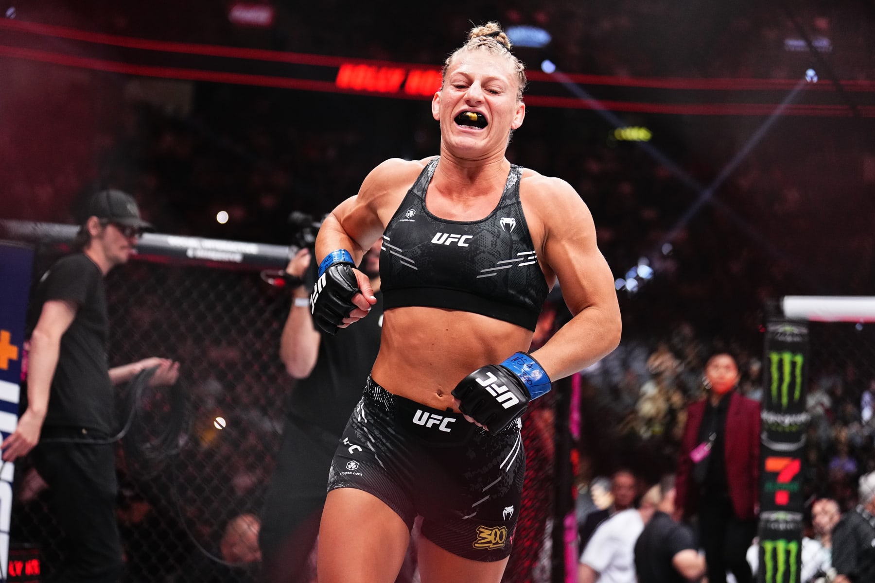 LAS VEGAS, NEVADA - APRIL 13: Kayla Harrison enters the Octagon in a bantamweight fight during the UFC 300 event at T-Mobile Arena on April 13, 2024 in Las Vegas, Nevada.  (Photo by Chris Unger/Zuffa LLC via Getty Images)
