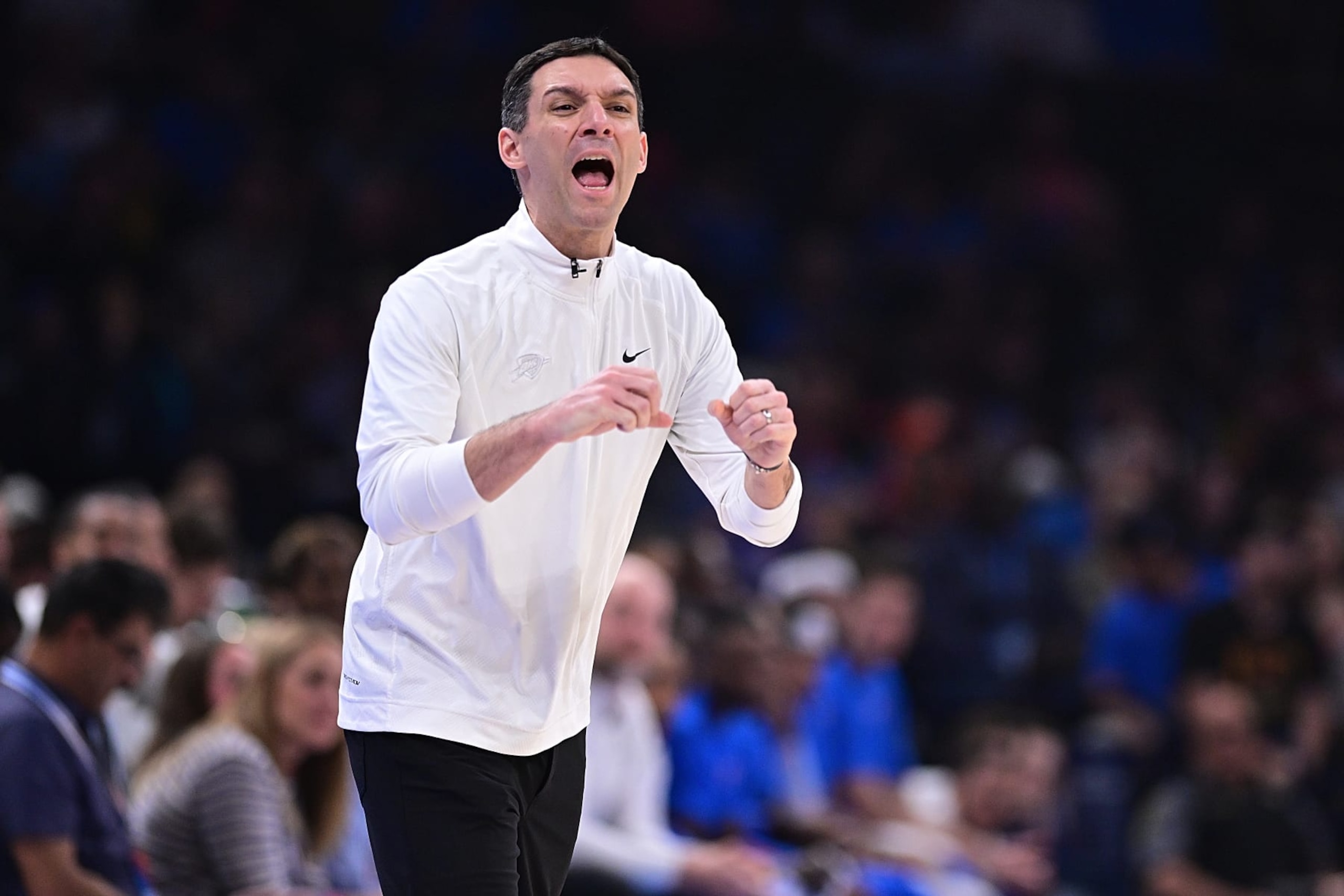 OKLAHOMA CITY, OKLAHOMA - APRIL 12: Mark Daigneault of the Oklahoma City Thunder yells out instructions during the first half against the Milwaukee Bucks at Paycom Center on April 12, 2024 in Oklahoma City, Oklahoma. NOTE TO USER: User expressly acknowledges and agrees that, by downloading and or using this Photograph, user is consenting to the terms and conditions of the Getty Images License Agreement. (Photo by Joshua Gateley/Getty Images)