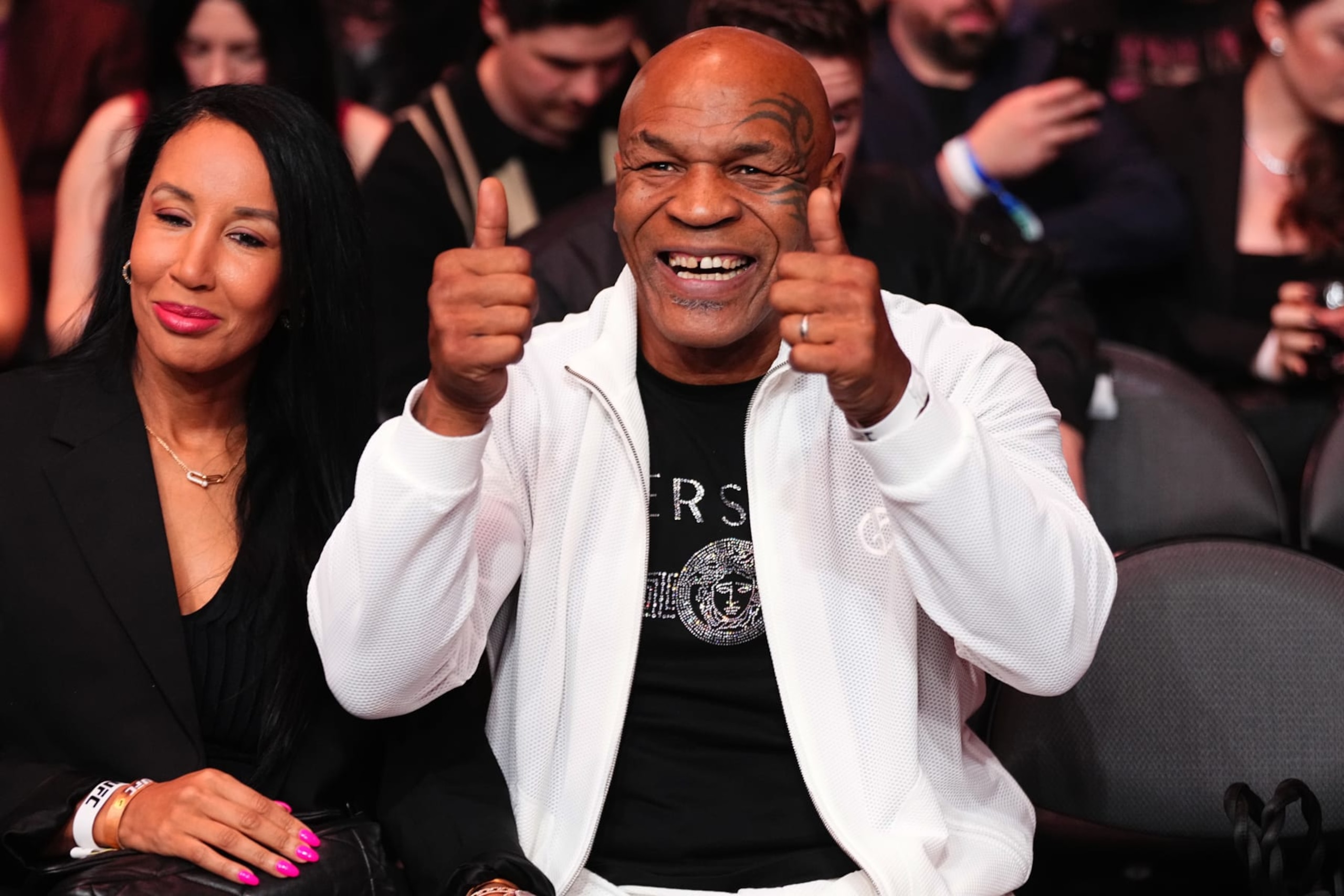 LAS VEGAS, NEVADA - APRIL 13: Mike Tyson attends the UFC 300 event at T-Mobile Arena on April 13, 2024 in Las Vegas, Nevada. (Photo by Jeff Bottari/Zuffa LLC via Getty Images) LAS VEGAS, NEVADA - APRIL 13: Mike Tyson attends the UFC 300 event at T-Mobile Arena on April 13, 2024 in Las Vegas, Nevada. (Photo by Jeff Bottari/Zuffa LLC via Getty Images)