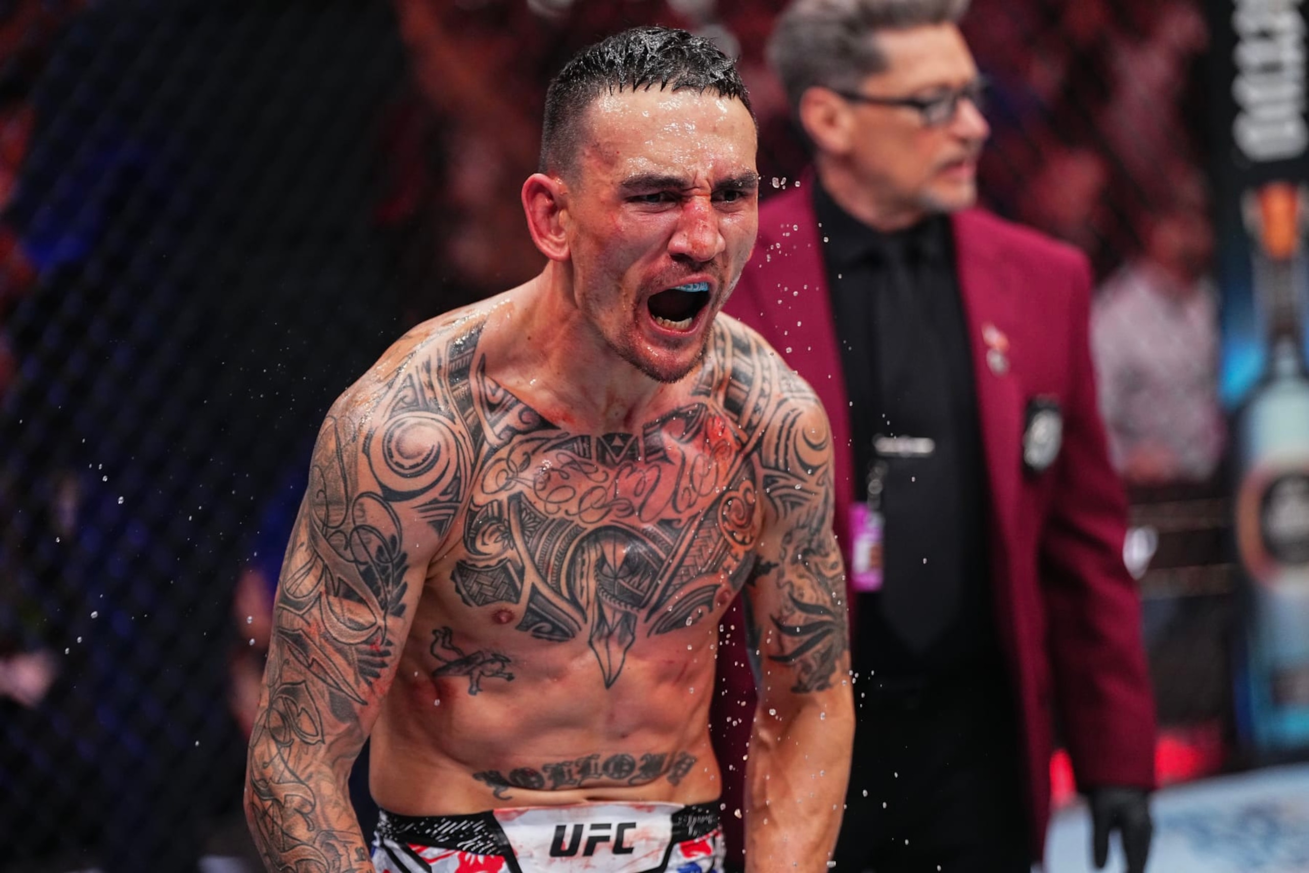 LAS VEGAS, NEVADA - APRIL 13: Max Holloway reacts to the knockout of Justin Gaethje in the BMF championship fight during the UFC 300 event at T-Mobile Arena on April 13, 2024 in Las Vegas, Nevada. (Photo by Jeff Bottari/Zuffa LLC via Getty Images) LAS VEGAS, NEVADA - APRIL 13: Max Holloway reacts to the knockout of Justin Gaethje in the BMF championship fight during the UFC 300 event at T-Mobile Arena on April 13, 2024 in Las Vegas, Nevada. (Photo by Jeff Bottari/Zuffa LLC via Getty Images)