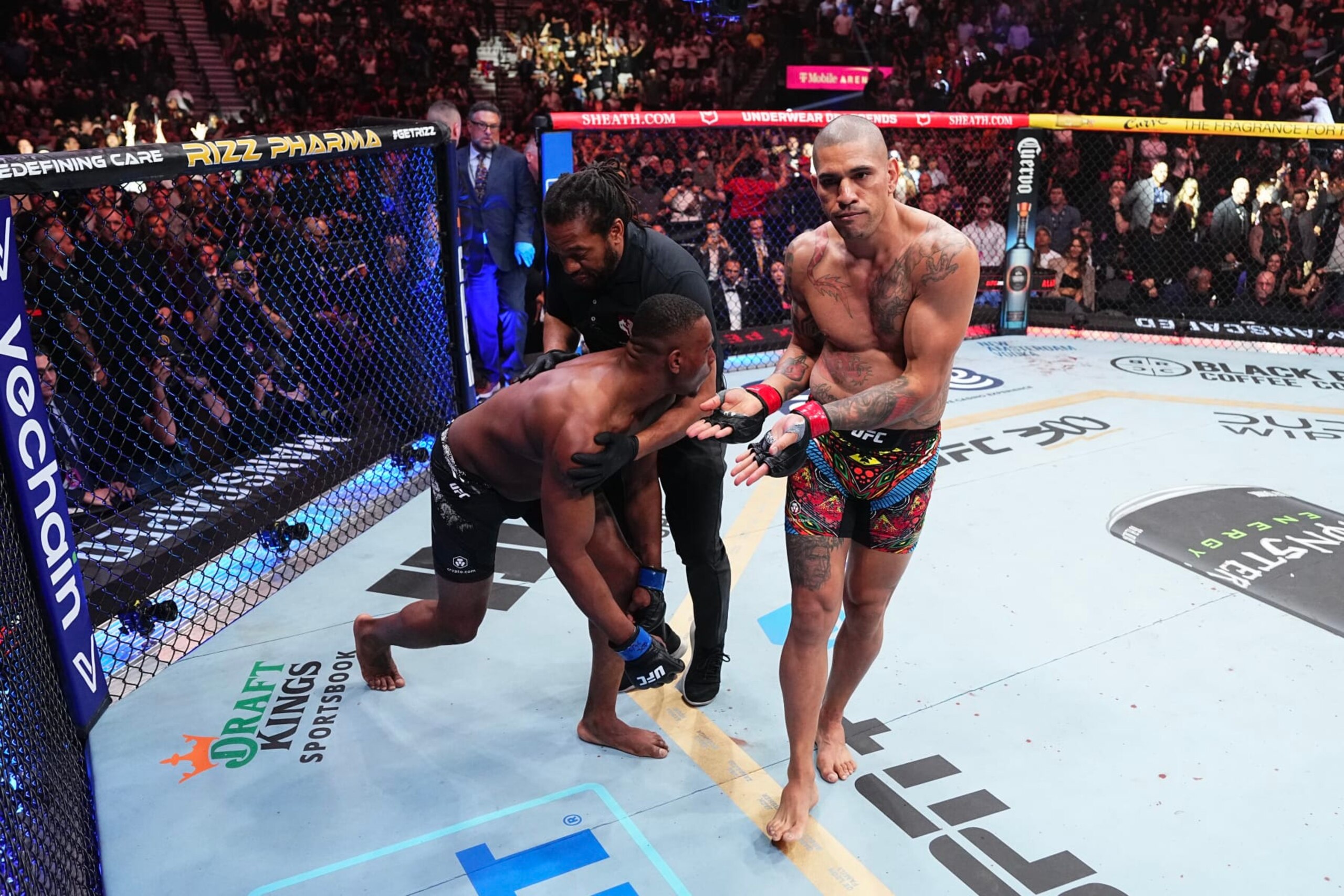 LAS VEGAS, NEVADA - APRIL 13: Alex Pereira of Brazil reacts to his knockout of Jamahal Hill in the UFC light heavyweight championship fight during the UFC 300 event at T-Mobile Arena on April 13, 2024 in Las Vegas, Nevada.  (Photo by Jeff Bottari/Zuffa LLC via Getty Images)