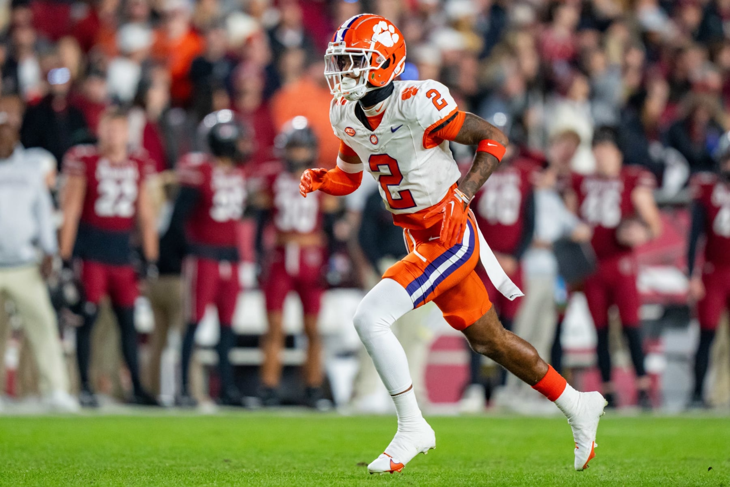 COLUMBIA, SOUTH CAROLINA - NOVEMBER 25: Nate Wiggins #2 of the Clemson Tigers plays against the South Carolina Gamecocks during their game at Williams-Brice Stadium on November 25, 2023 in Columbia, South Carolina. (Photo by Jacob Kupferman/Getty Images)