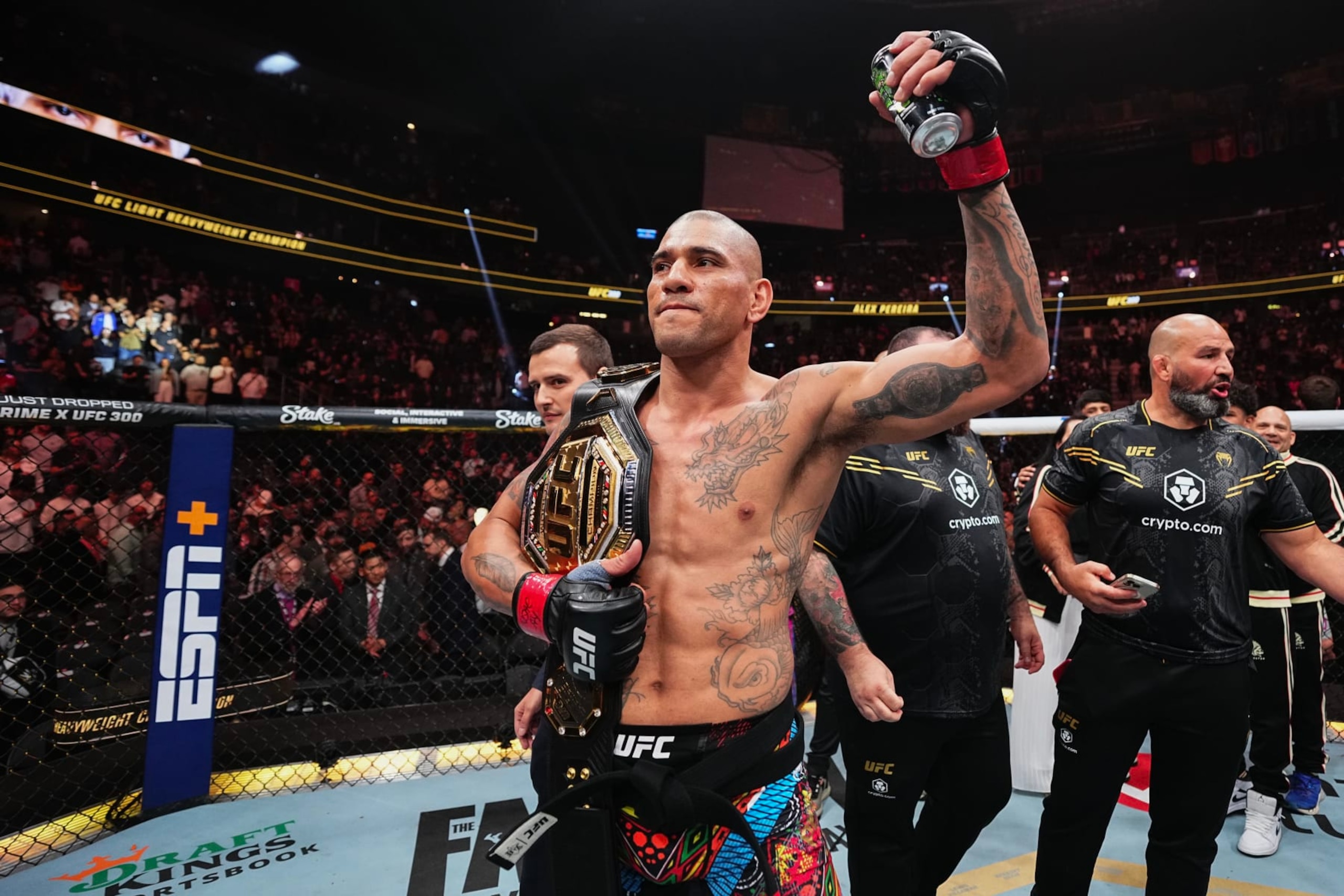 LAS VEGAS, NEVADA - APRIL 13: Alex Pereira of Brazil reacts to his win in the UFC light heavyweight championship fight during the UFC 300 event at T-Mobile Arena on April 13, 2024 in Las Vegas, Nevada.  (Photo by Jeff Bottari/Zuffa LLC via Getty Images)