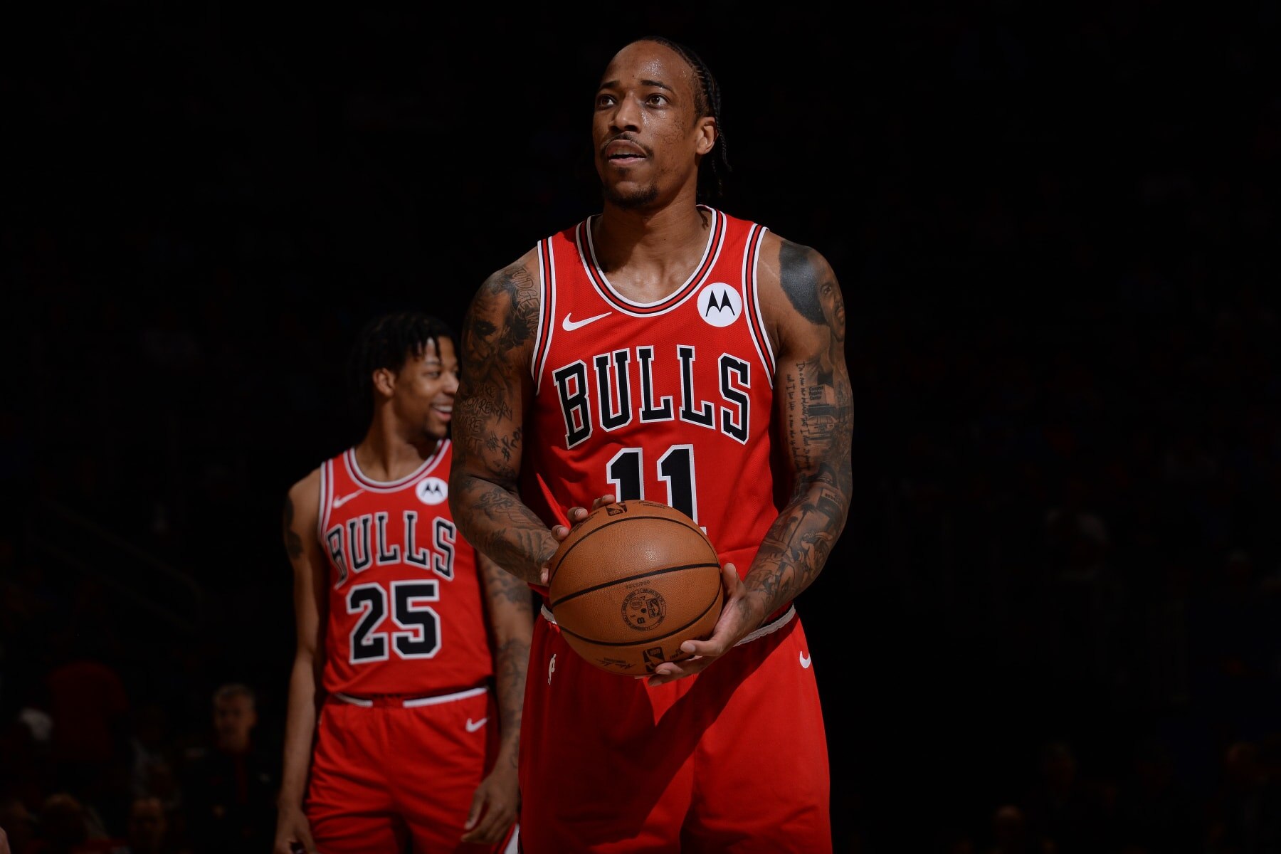 DETROIT, MI - APRIL 11: DeMar DeRozan #11 of the Chicago Bulls shoots a free throw during the game aDetroit Pistons  on April 11, 2024 at Little Caesars Arena in Detroit, Michigan. NOTE TO USER: User expressly acknowledges and agrees that, by downloading and/or using this photograph, User is consenting to the terms and conditions of the Getty Images License Agreement. Mandatory Copyright Notice: Copyright 2024 NBAE (Photo by Chris Schwegler/NBAE via Getty Images)