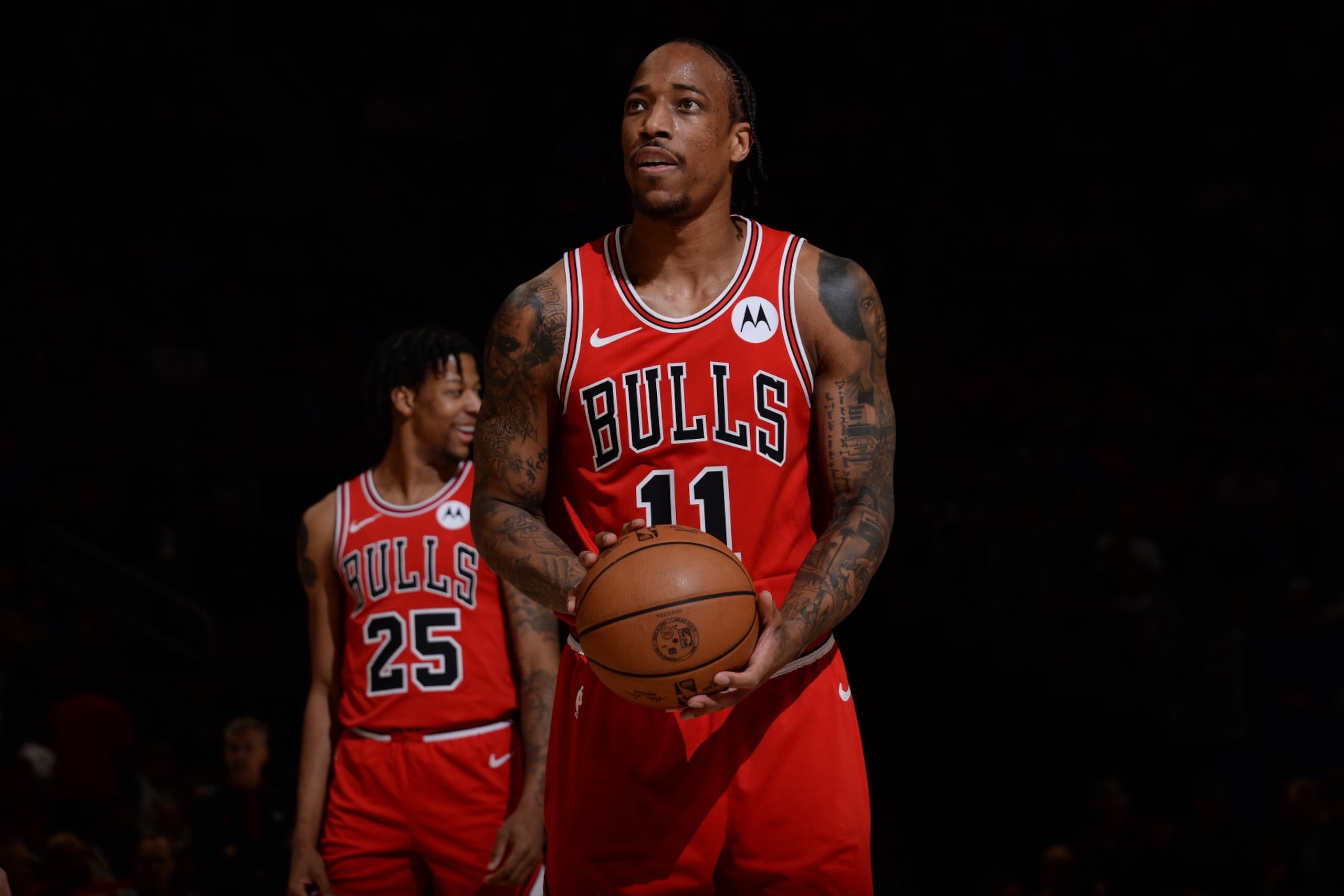 DETROIT, MI - APRIL 11: DeMar DeRozan #11 of the Chicago Bulls shoots a free throw during the game aDetroit Pistons  on April 11, 2024 at Little Caesars Arena in Detroit, Michigan. NOTE TO USER: User expressly acknowledges and agrees that, by downloading and/or using this photograph, User is consenting to the terms and conditions of the Getty Images License Agreement. Mandatory Copyright Notice: Copyright 2024 NBAE (Photo by Chris Schwegler/NBAE via Getty Images)