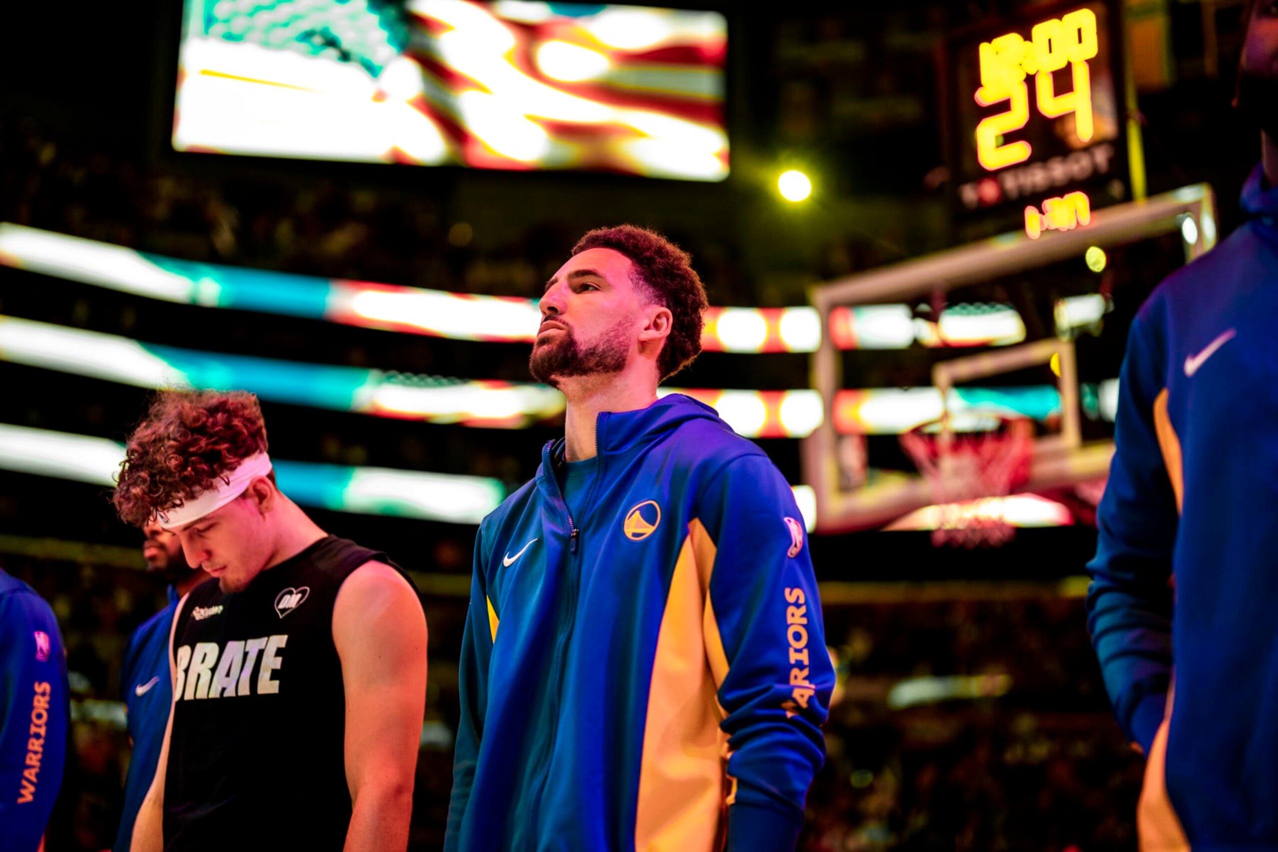 LOS ANGELES, CA - APRIL 9: Klay Thompson #11 of the Golden State Warriors stands for the National Anthem before the game against the Los Angeles Lakers on April 9, 2024 at Crypto.Com Arena in Los Angeles, California. NOTE TO USER: User expressly acknowledges and agrees that, by downloading and/or using this Photograph, user is consenting to the terms and conditions of the Getty Images License Agreement. Mandatory Copyright Notice: Copyright 2024 NBAE (Photo by Tyler Ross/NBAE via Getty Images)