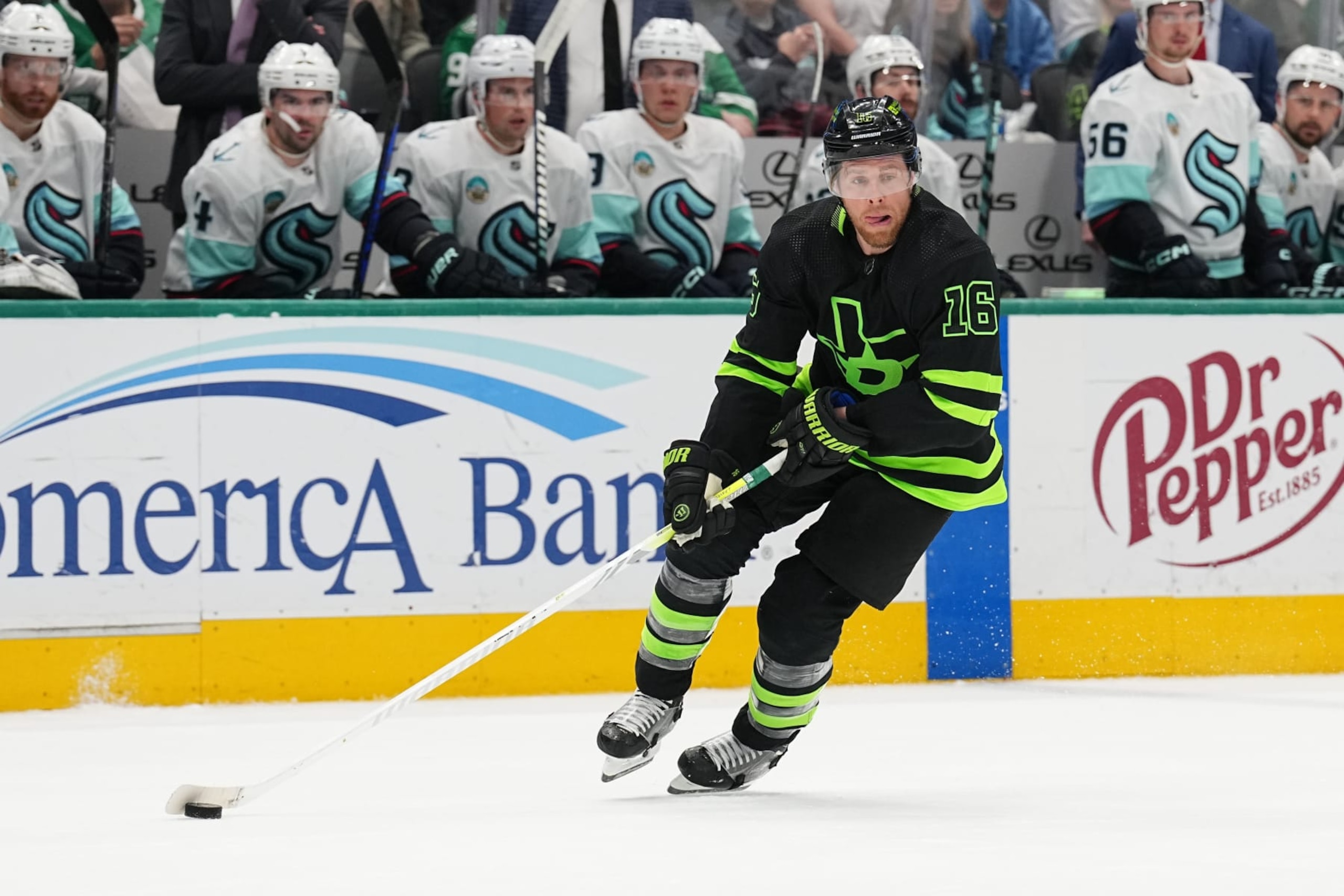 DALLAS, TX - APRIL 13: Joe Pavelski #16 of the Dallas Stars handles the puck against the Seattle Kraken at the American Airlines Center on April 13, 2024 in Dallas, Texas. (Photo by Glenn James/NHLI via Getty Images)